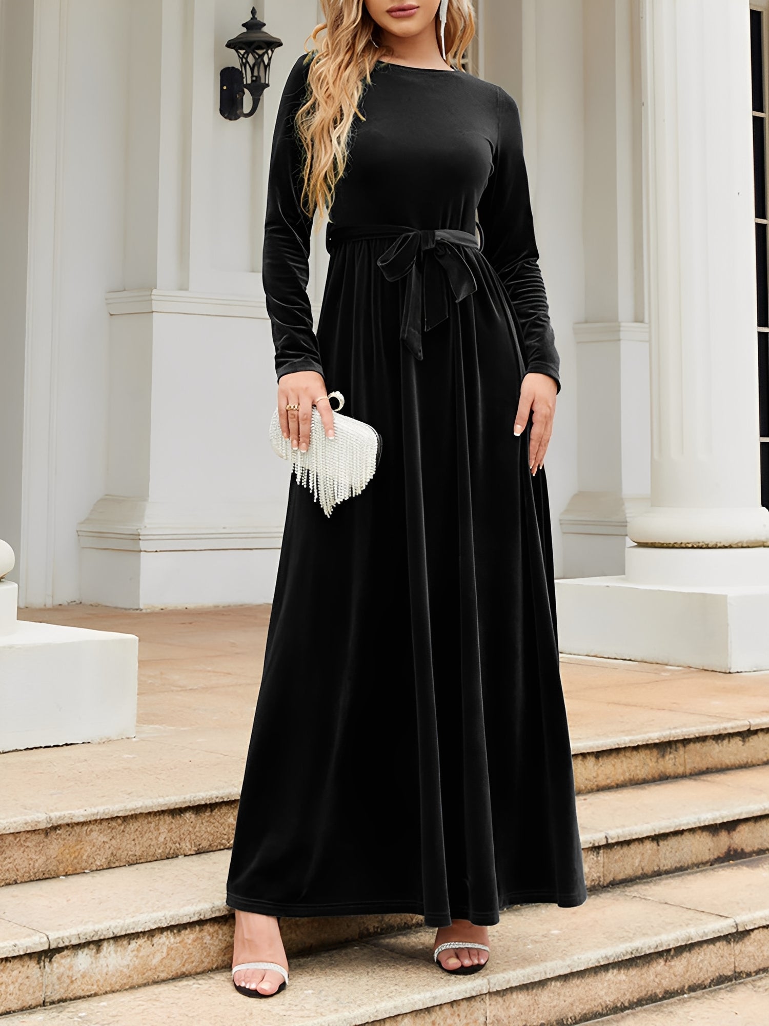 Velvet Round Neck Belted Maxi A-Line Dress