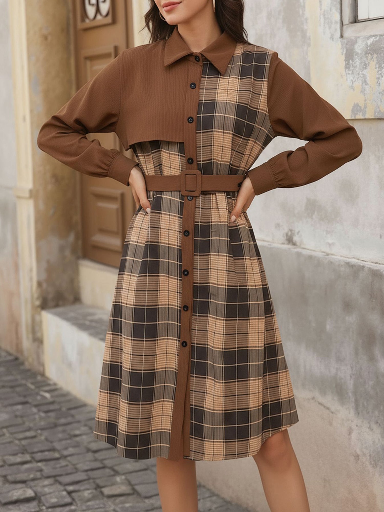 Plaid Patchwork Long Sleeves Belted Midi Shirt Dress
