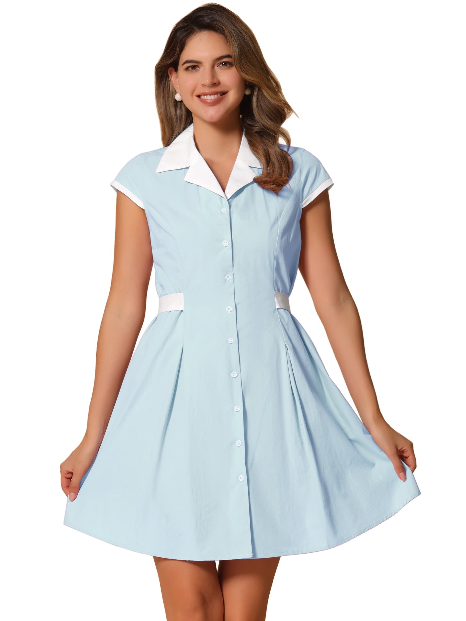 Retro Button Down Flat Collar Belted Office Mini Shirt Dress