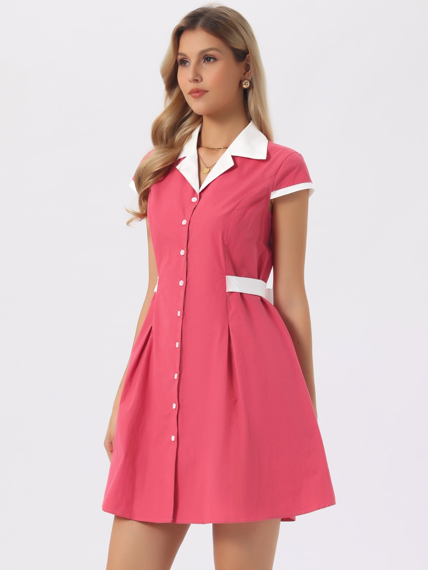 Retro Button Down Flat Collar Belted Office Mini Shirt Dress