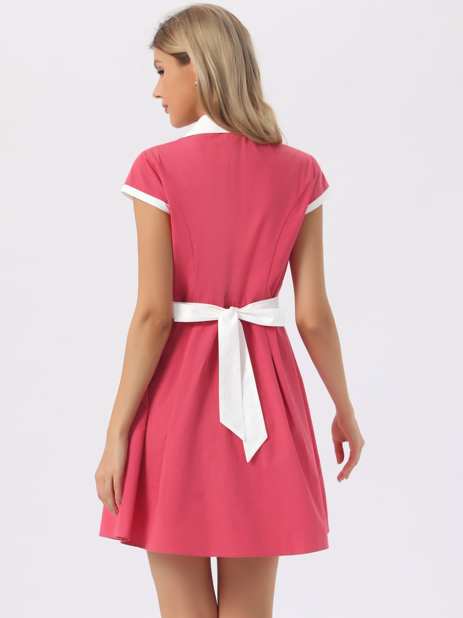 Retro Button Down Flat Collar Belted Office Mini Shirt Dress