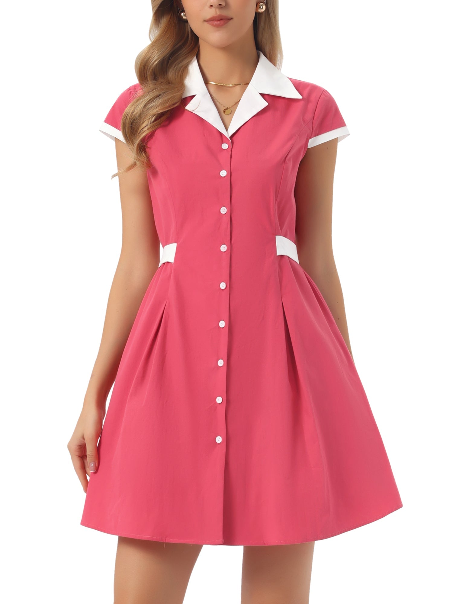 Retro Button Down Flat Collar Belted Office Mini Shirt Dress