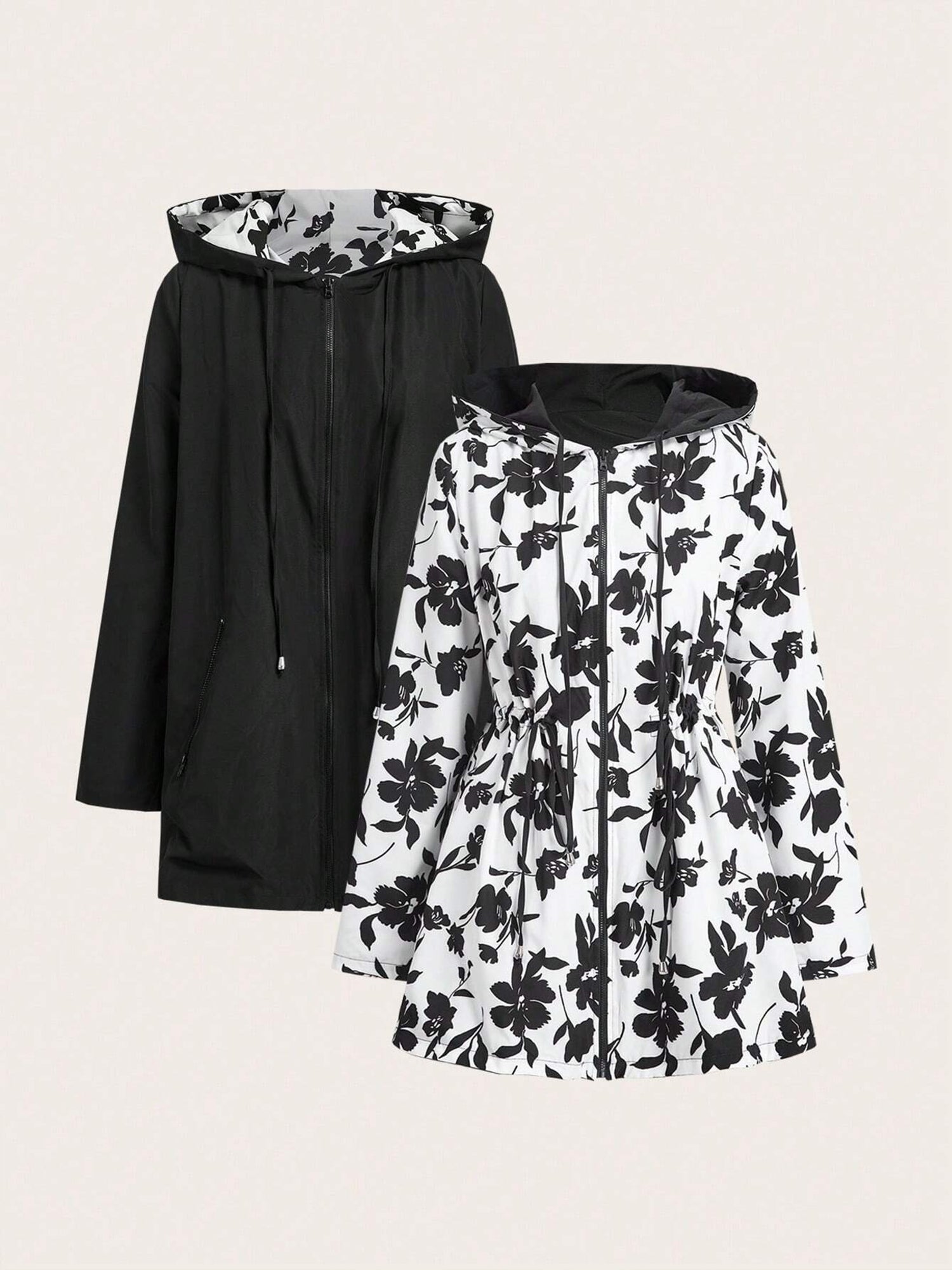 Reversible Hooded Zipper Printed Pockets Jacket
