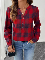 Plaid Buttoned Notch Neck Casual Blouse