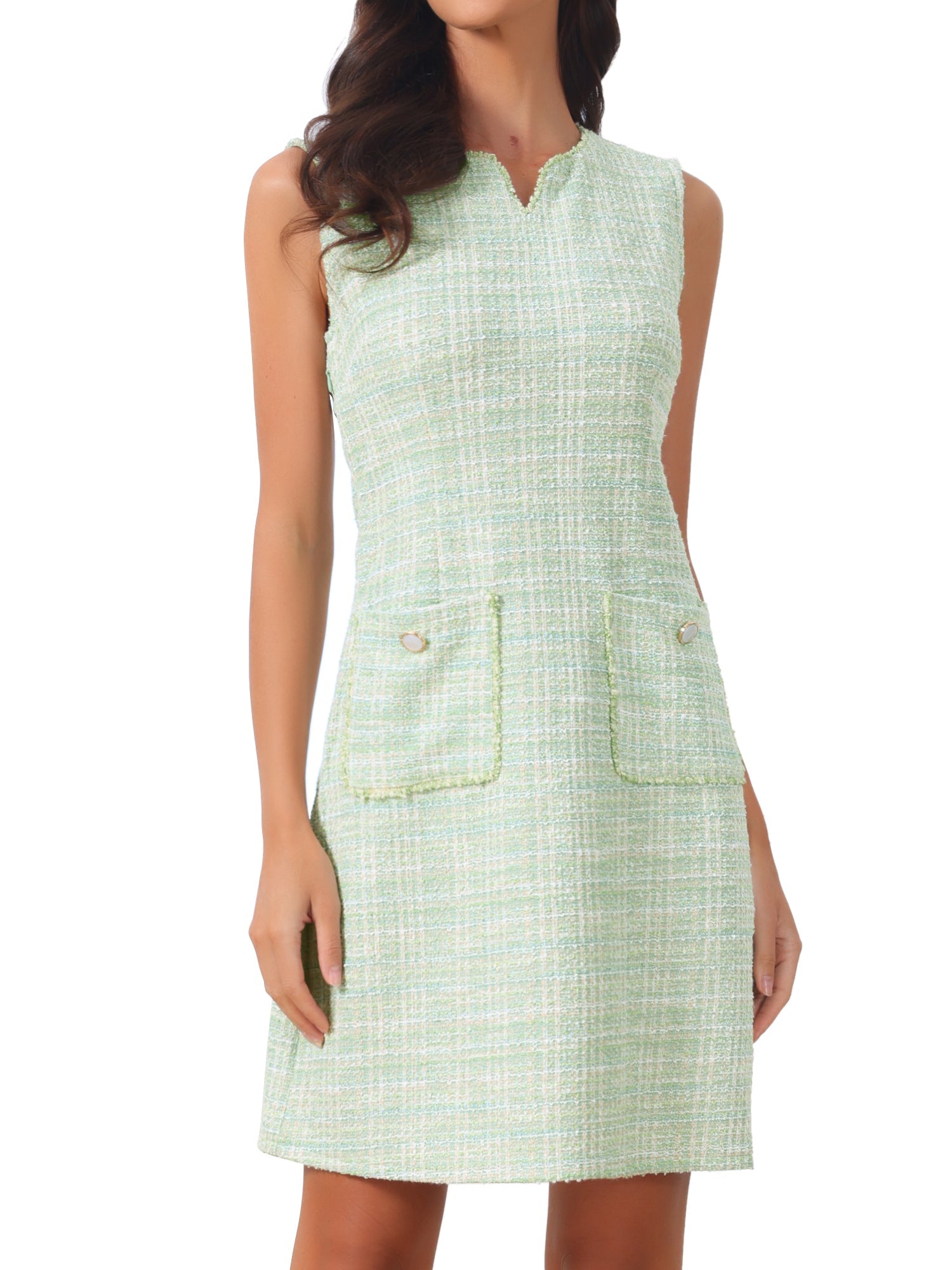 Tweed Plaid Sleeveless Pockets Zipper Work Dress