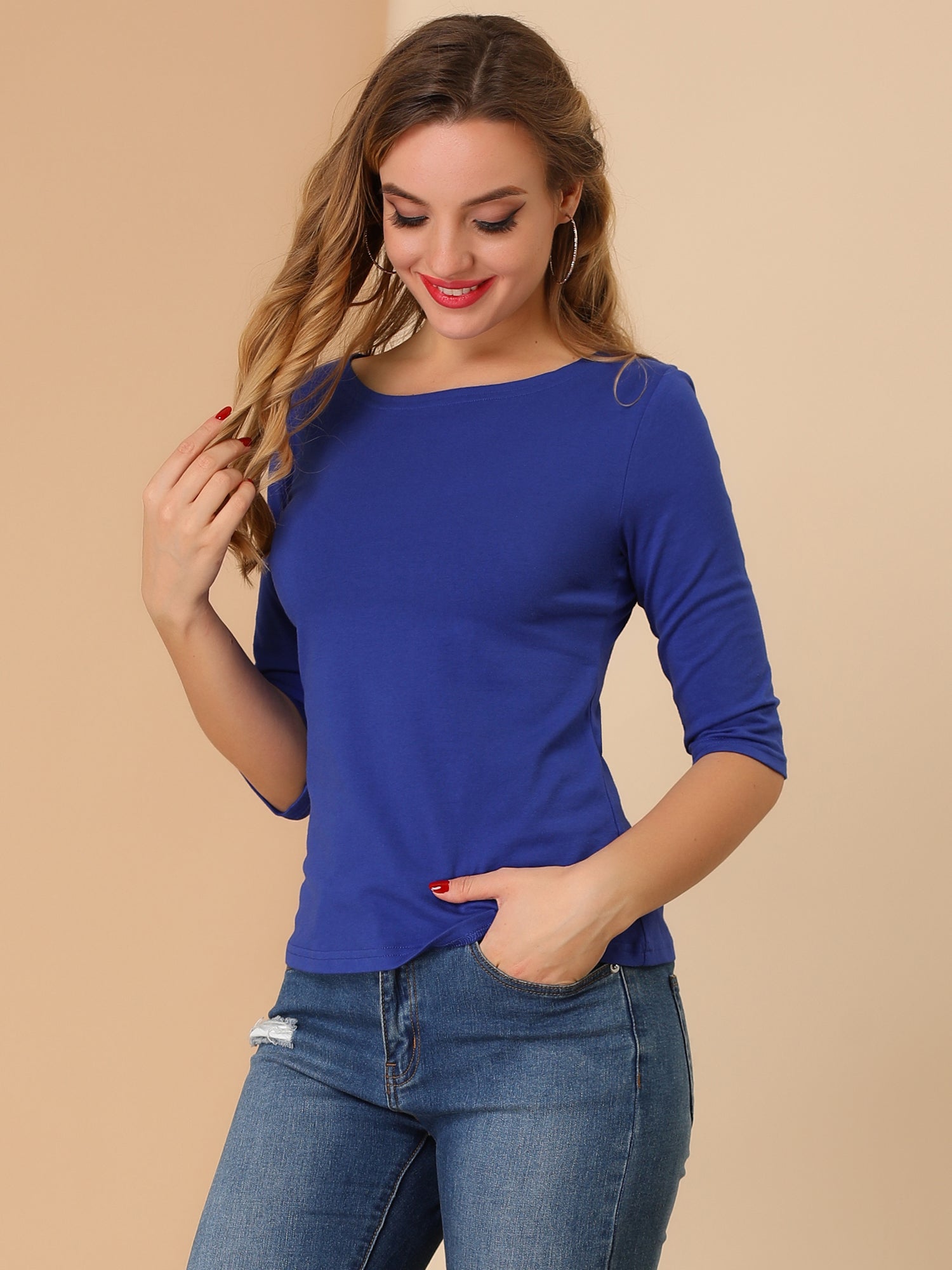 Casual Boat Neck 3/4 Sleeve Solid Basic T-shirt