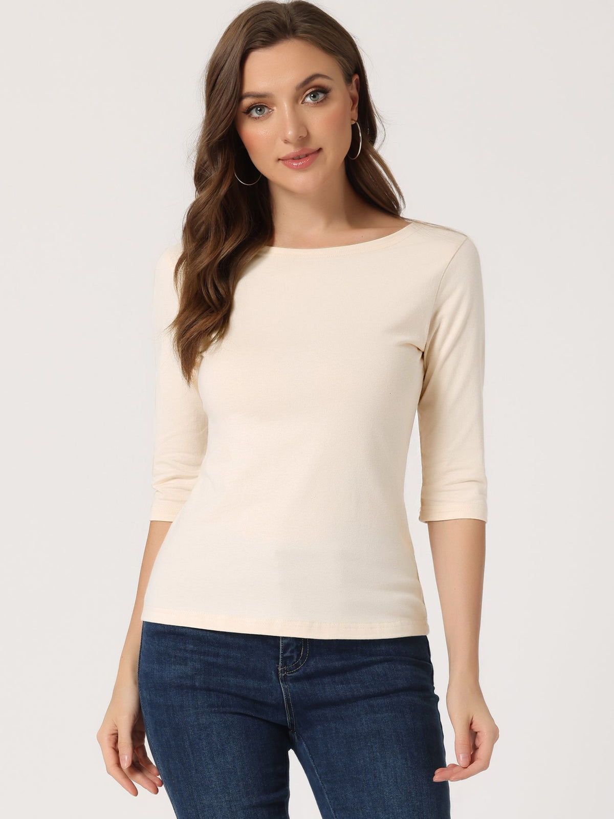 Casual Boat Neck 3/4 Sleeve Solid Basic T-shirt