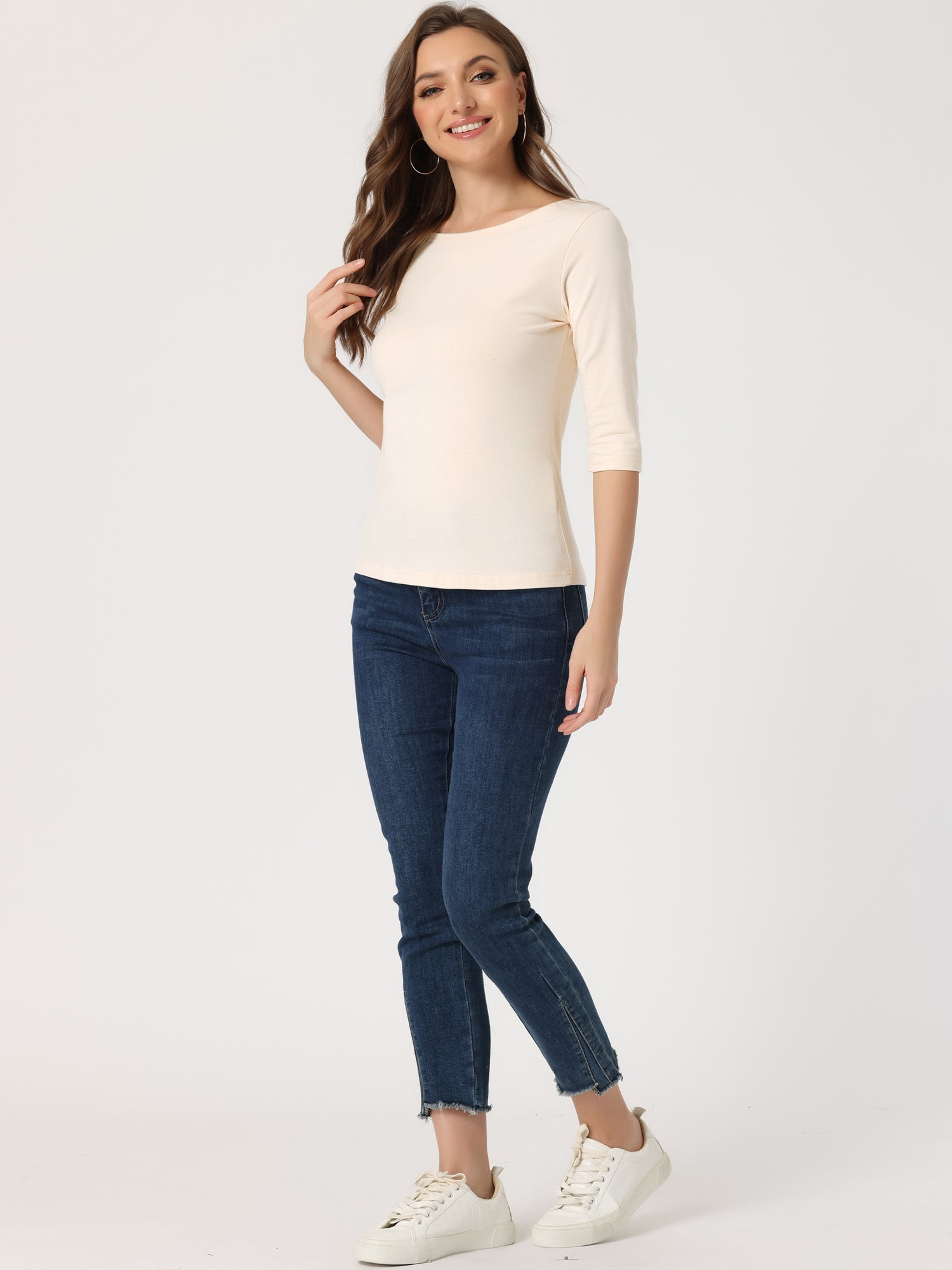 Casual Boat Neck 3/4 Sleeve Solid Basic T-shirt