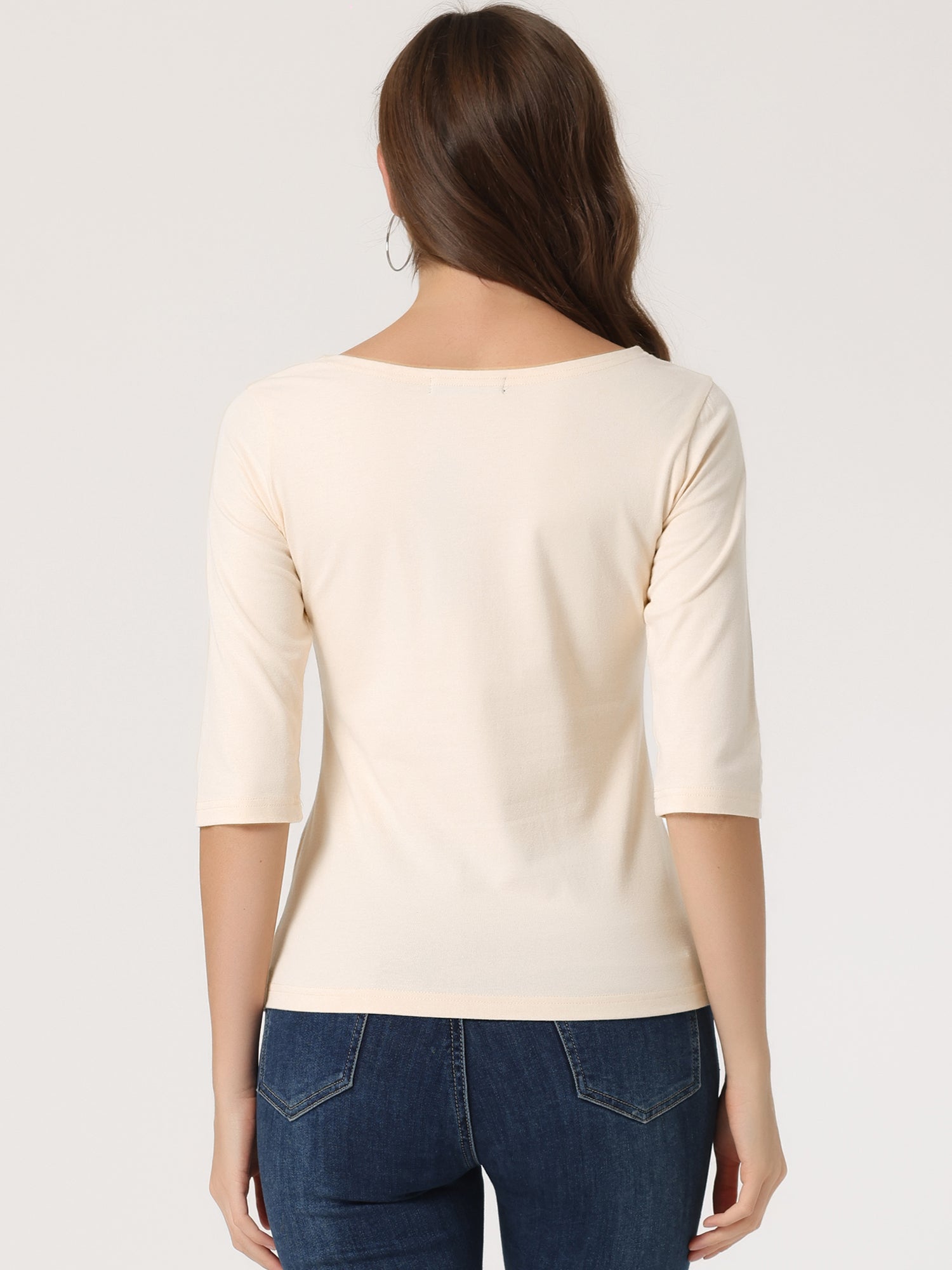 Casual Boat Neck 3/4 Sleeve Solid Basic T-shirt