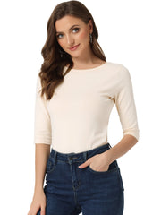 Casual Boat Neck 3/4 Sleeve Solid Basic T-shirt