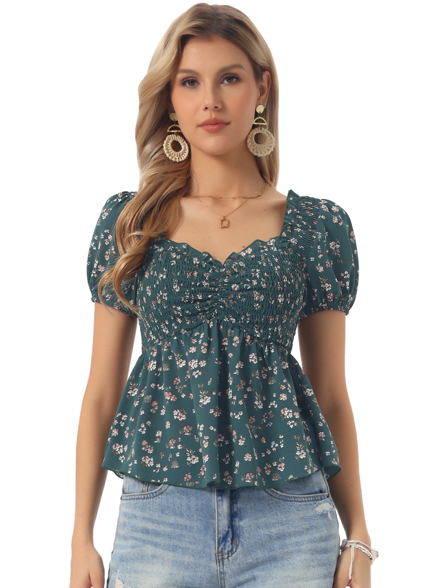 Puff Short Sleeve Floral Shirred Ruffle Peplum Blouse