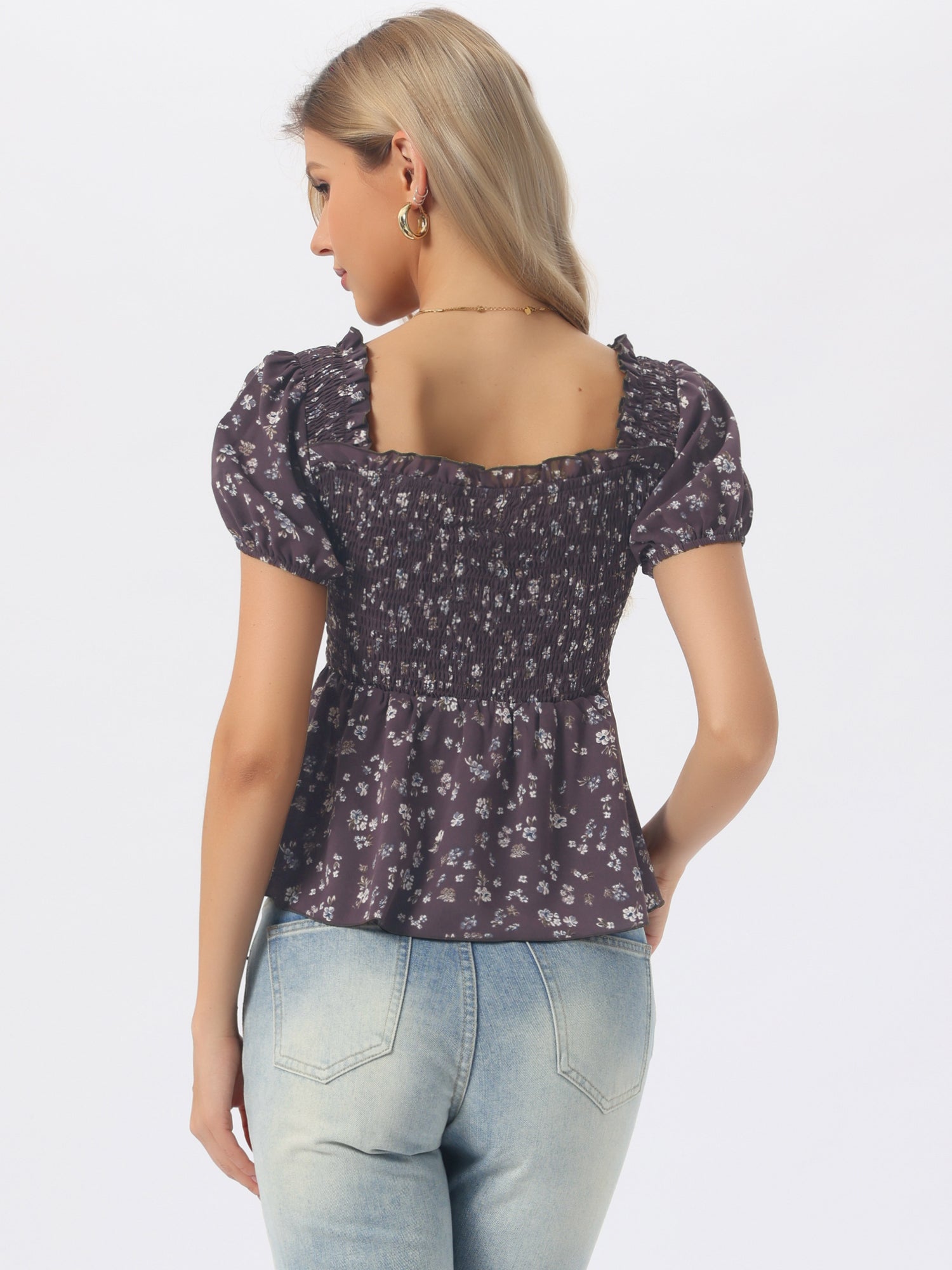 Puff Short Sleeve Floral Shirred Ruffle Peplum Blouse