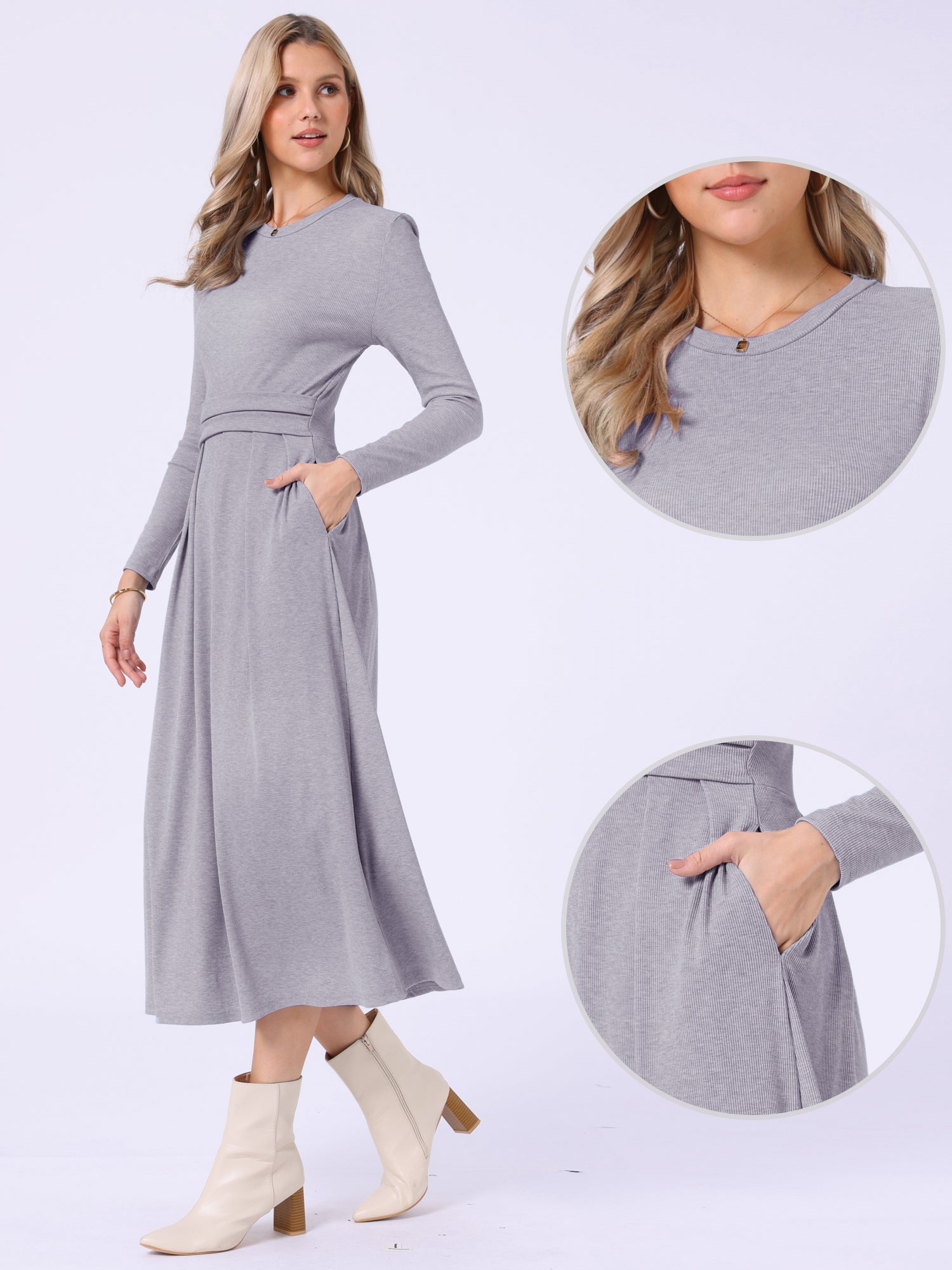 Crew Neck Long Sleeve Pocketed A-Line Sweater Dresses