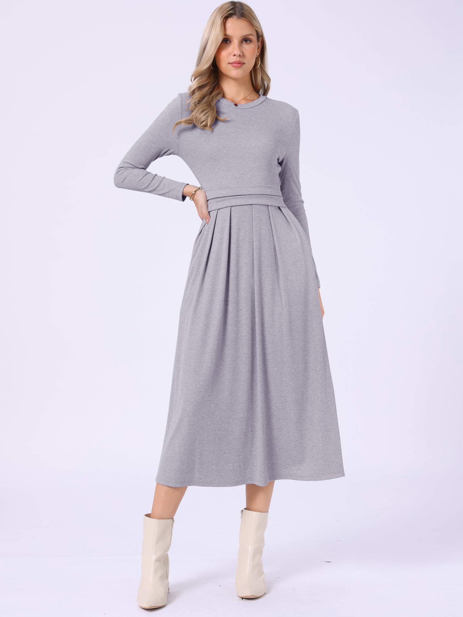 Crew Neck Long Sleeve Pocketed A-Line Sweater Dresses