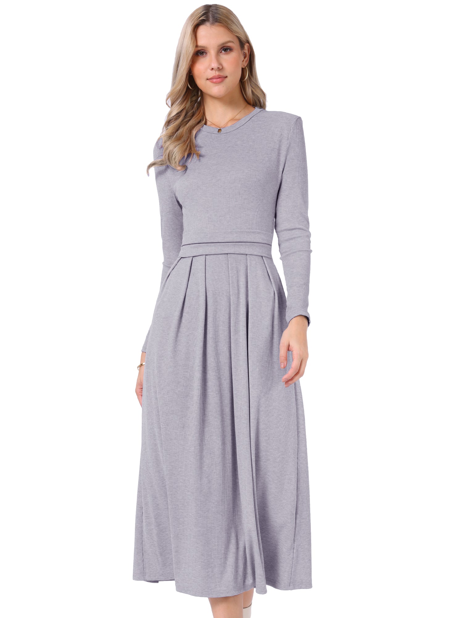 Crew Neck Long Sleeve Pocketed A-Line Sweater Dresses