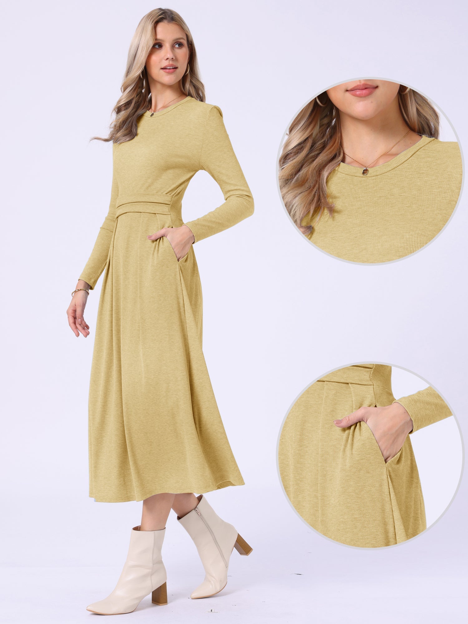 Crew Neck Long Sleeve Pocketed A-Line Sweater Dresses