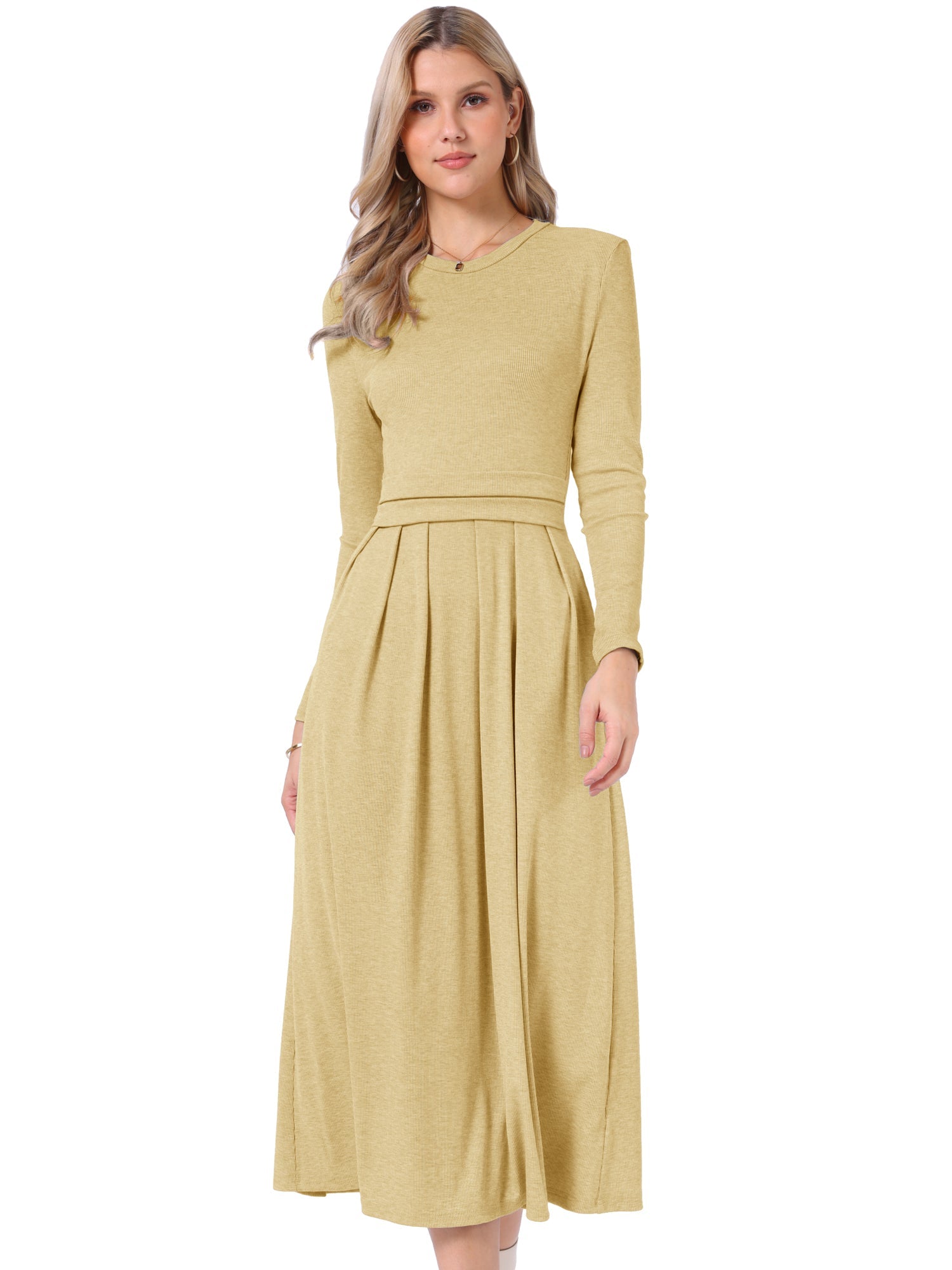 Crew Neck Long Sleeve Pocketed A-Line Sweater Dresses