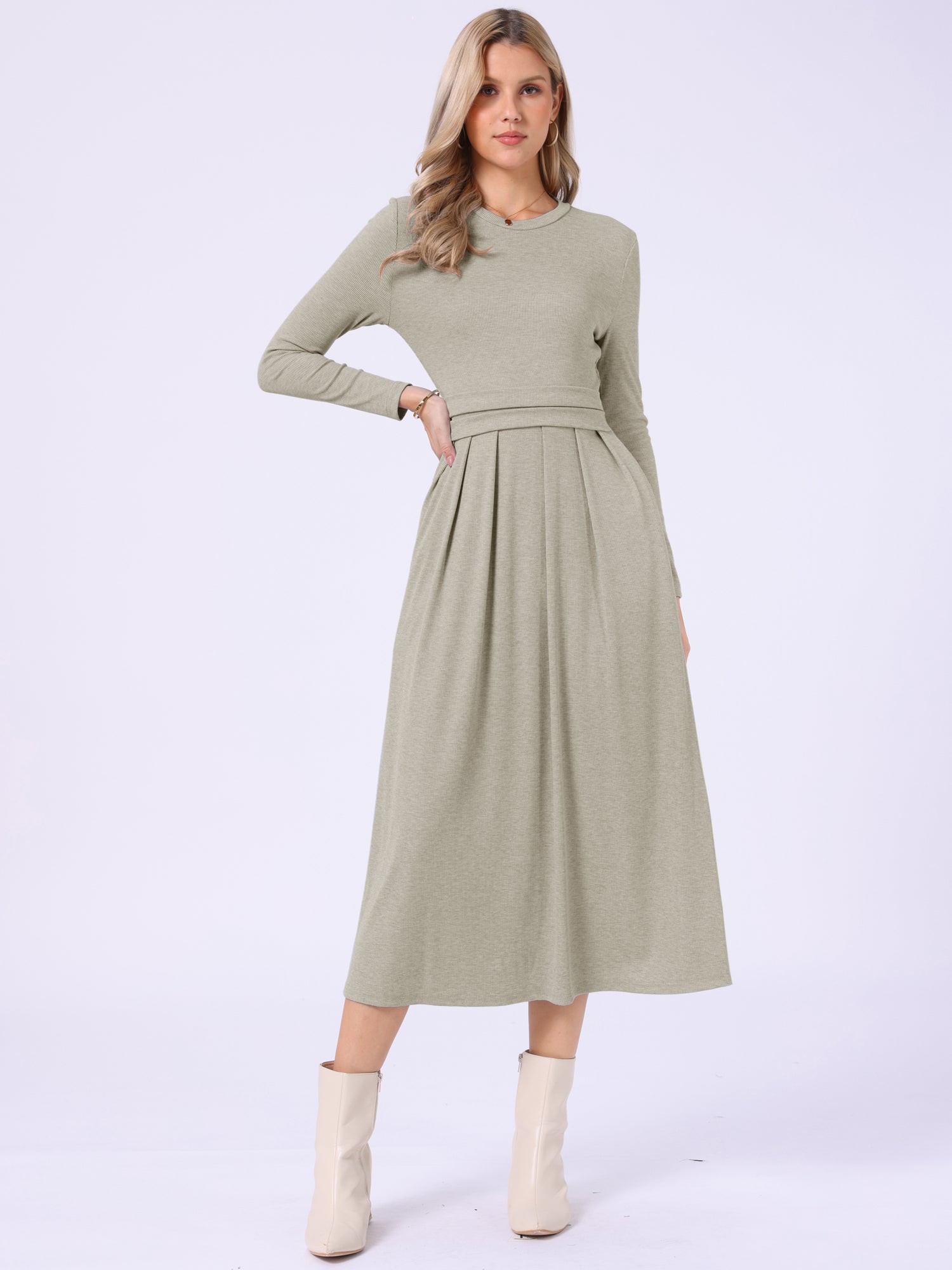 Crew Neck Long Sleeve Pocketed A-Line Sweater Dresses