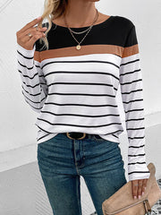 Round Neck Long Sleeve Striped Top