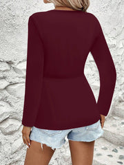 Twisted Ruched Solid Color Long Sleeve V Neck Blouse