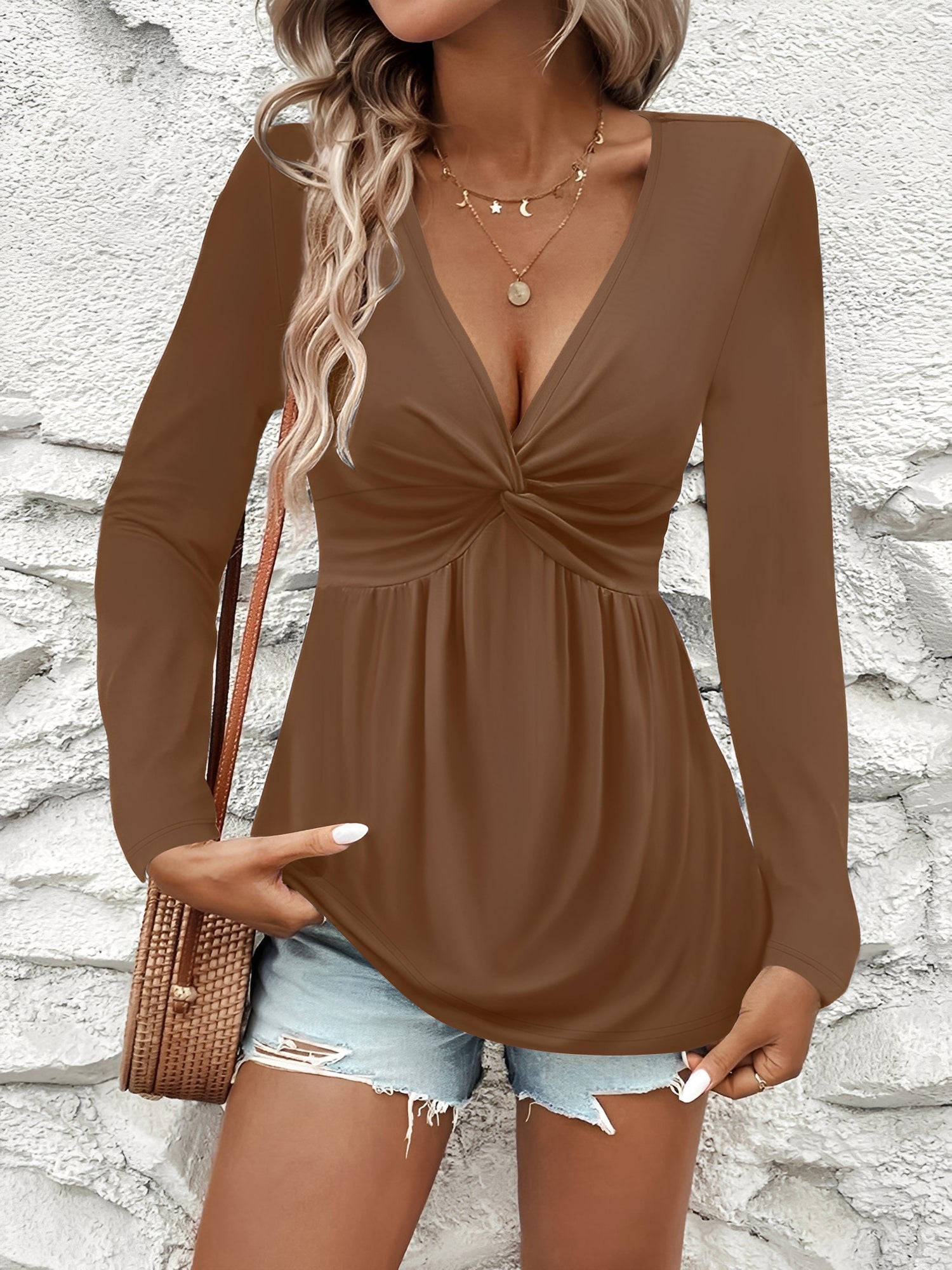 Twisted Ruched Solid Color Long Sleeve V Neck Blouse