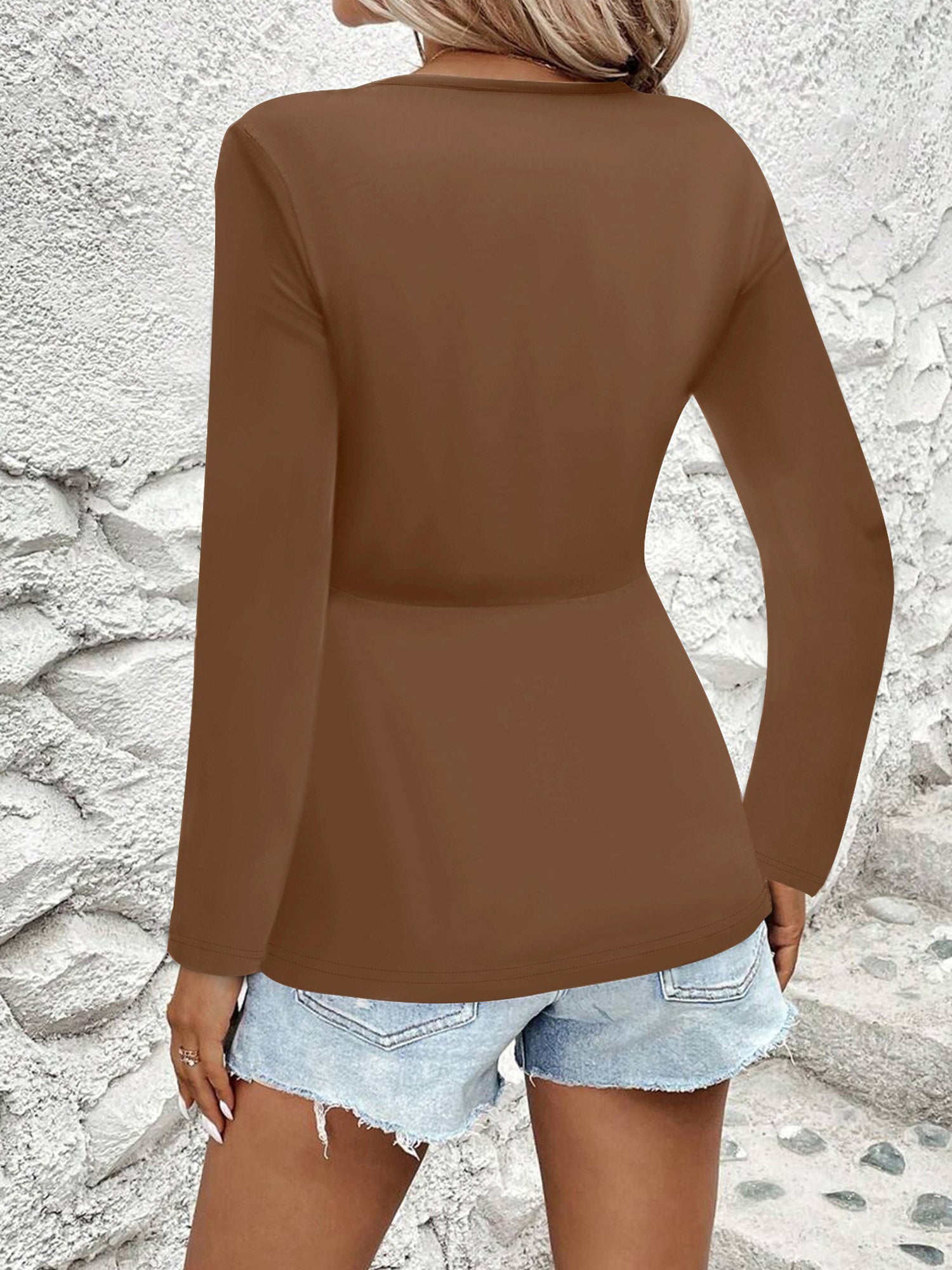 Twisted Ruched Solid Color Long Sleeve V Neck Blouse