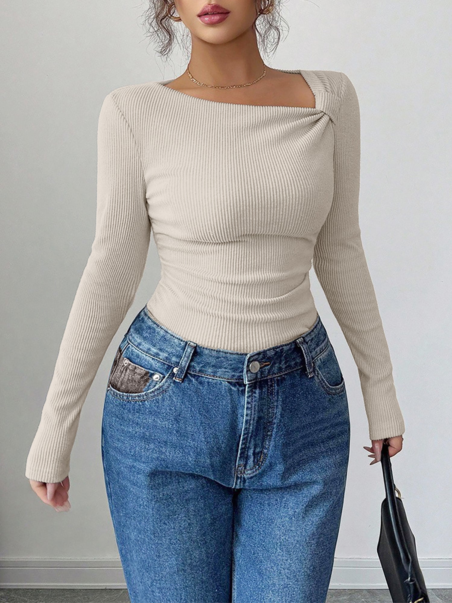 Solid Color Irregular Neck Long Sleeves Stretchy Blouse