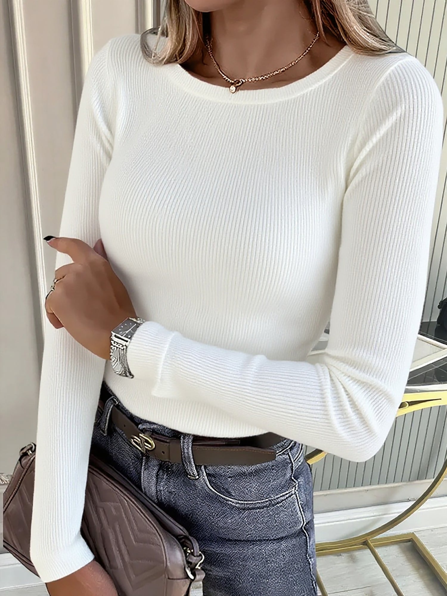 2 Pieces Long Sleeve Stretch Crew Neck Ribbed Top
