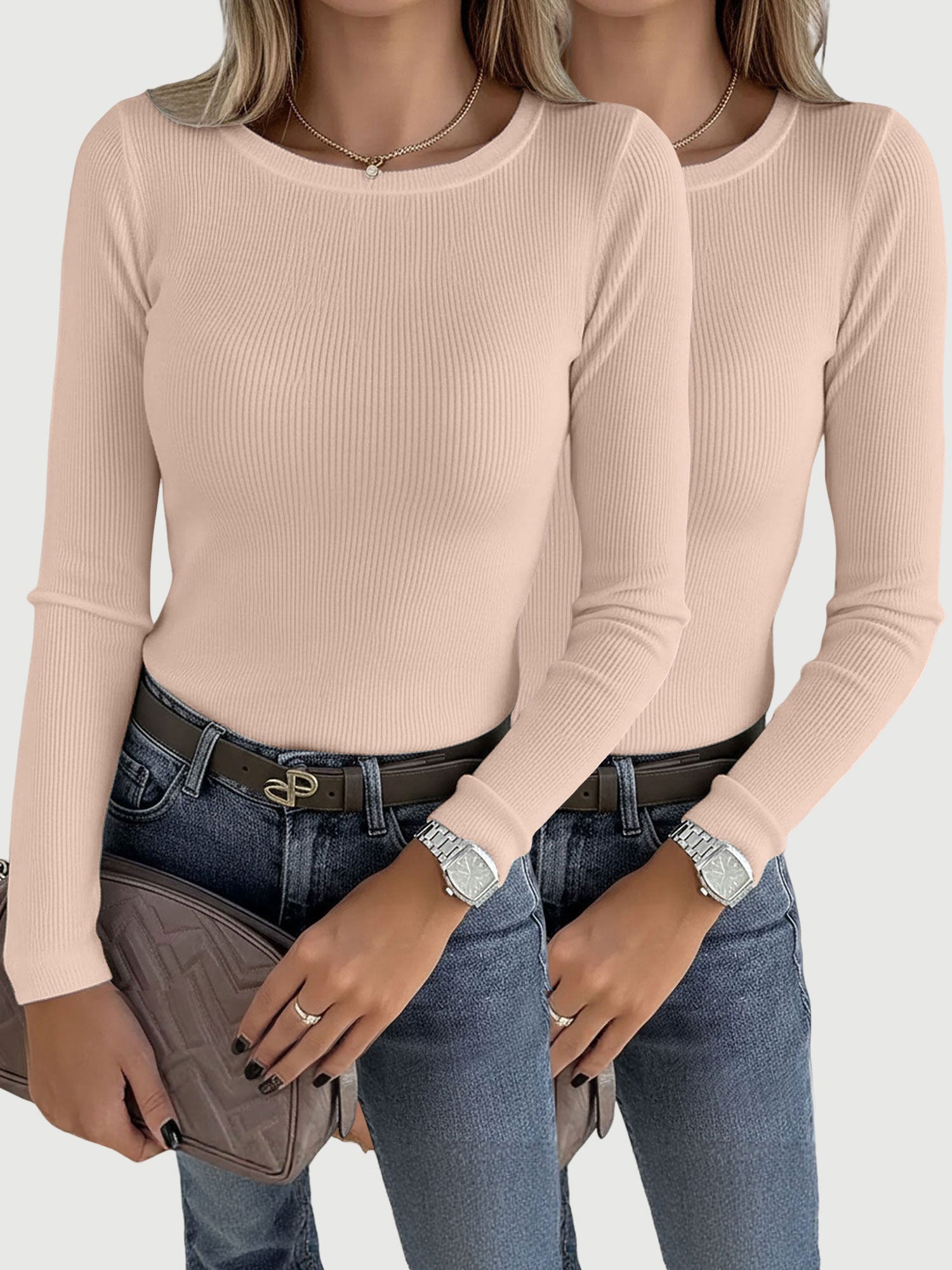 2 Pieces Long Sleeve Stretch Crew Neck Ribbed Top