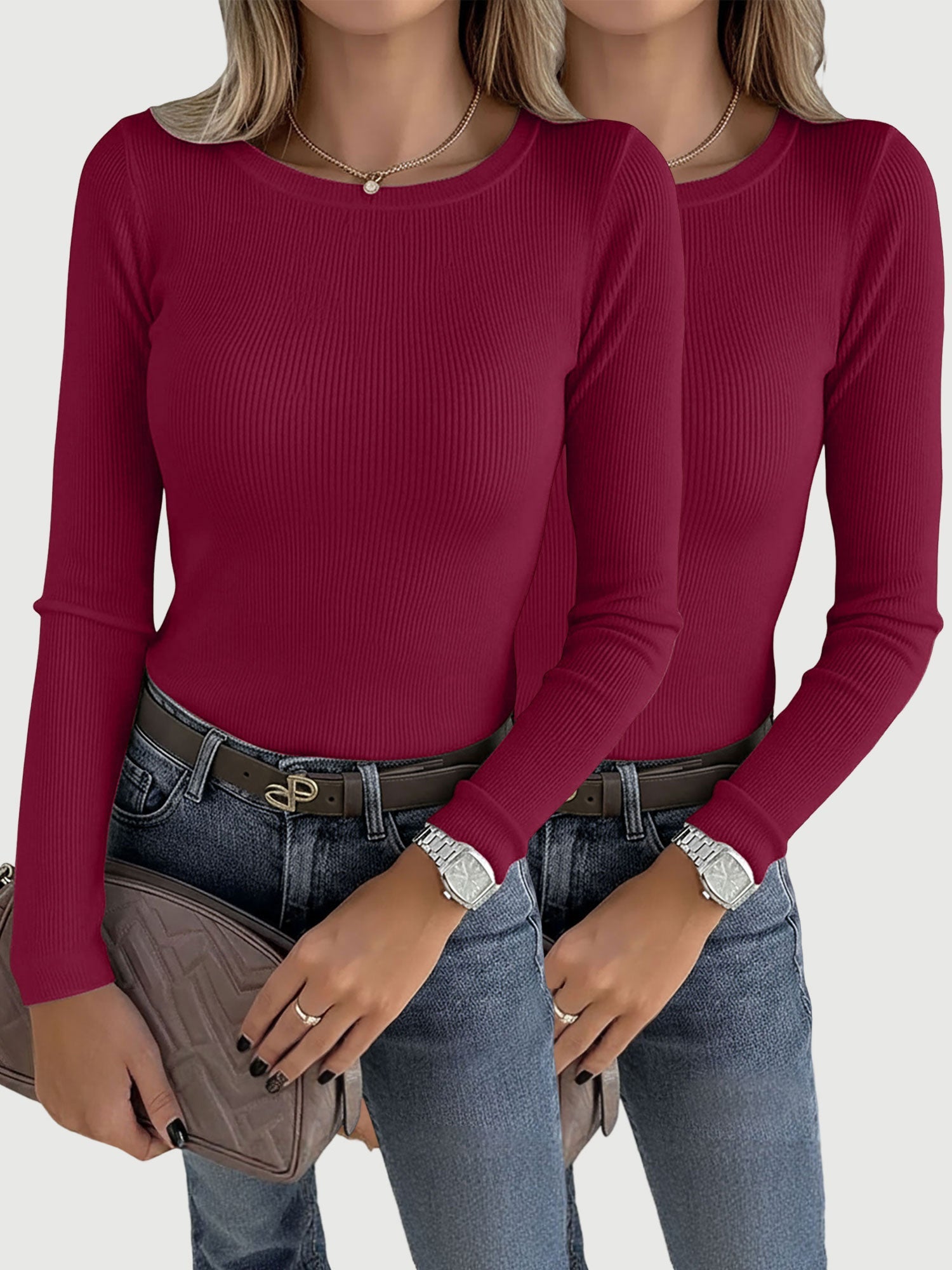 2 Pieces Long Sleeve Stretch Crew Neck Ribbed Top