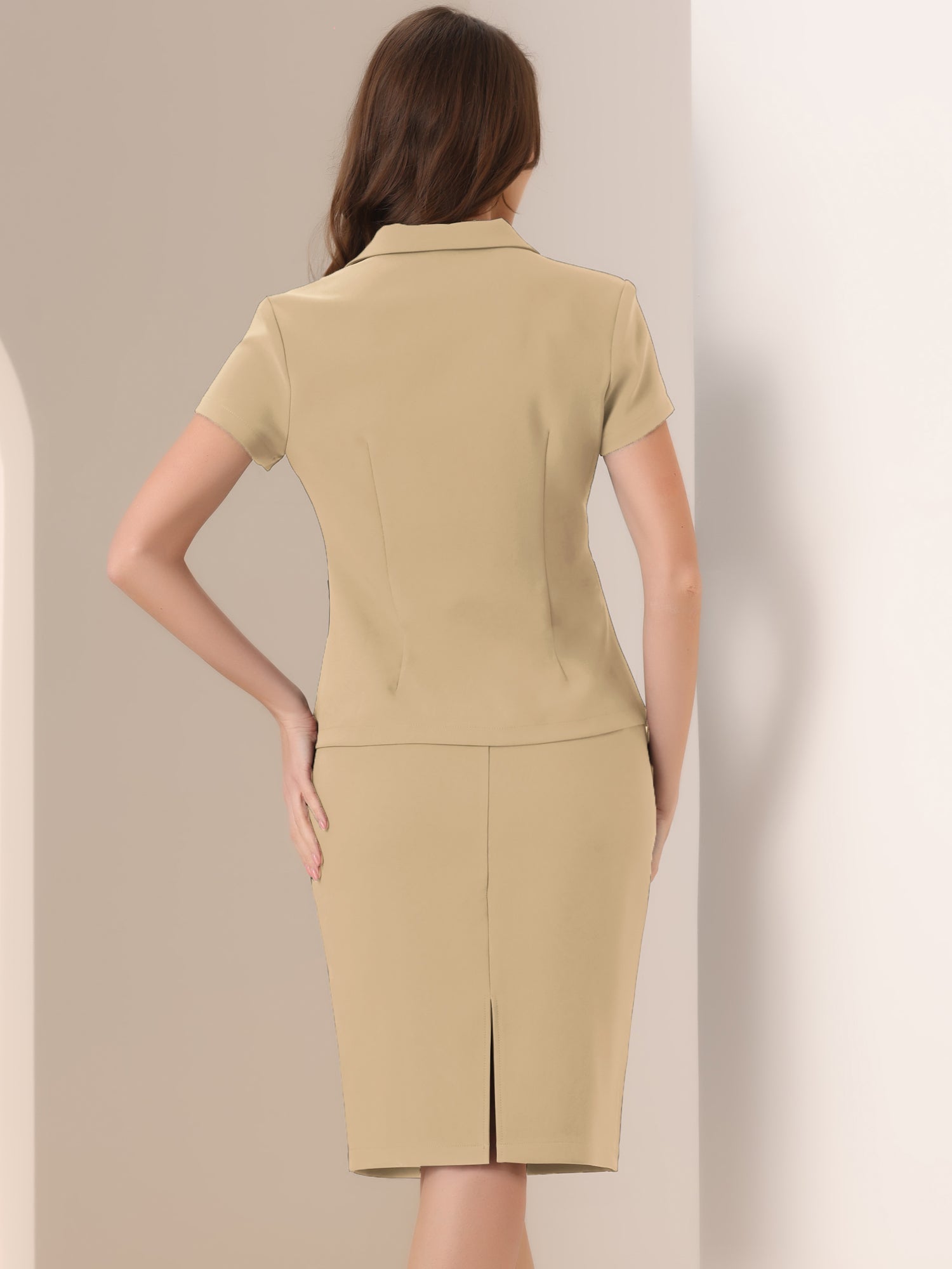 2 Piece Short Sleeve Notched Lapel Blazer Jacket & Pencil Midi Skirt Suit Set