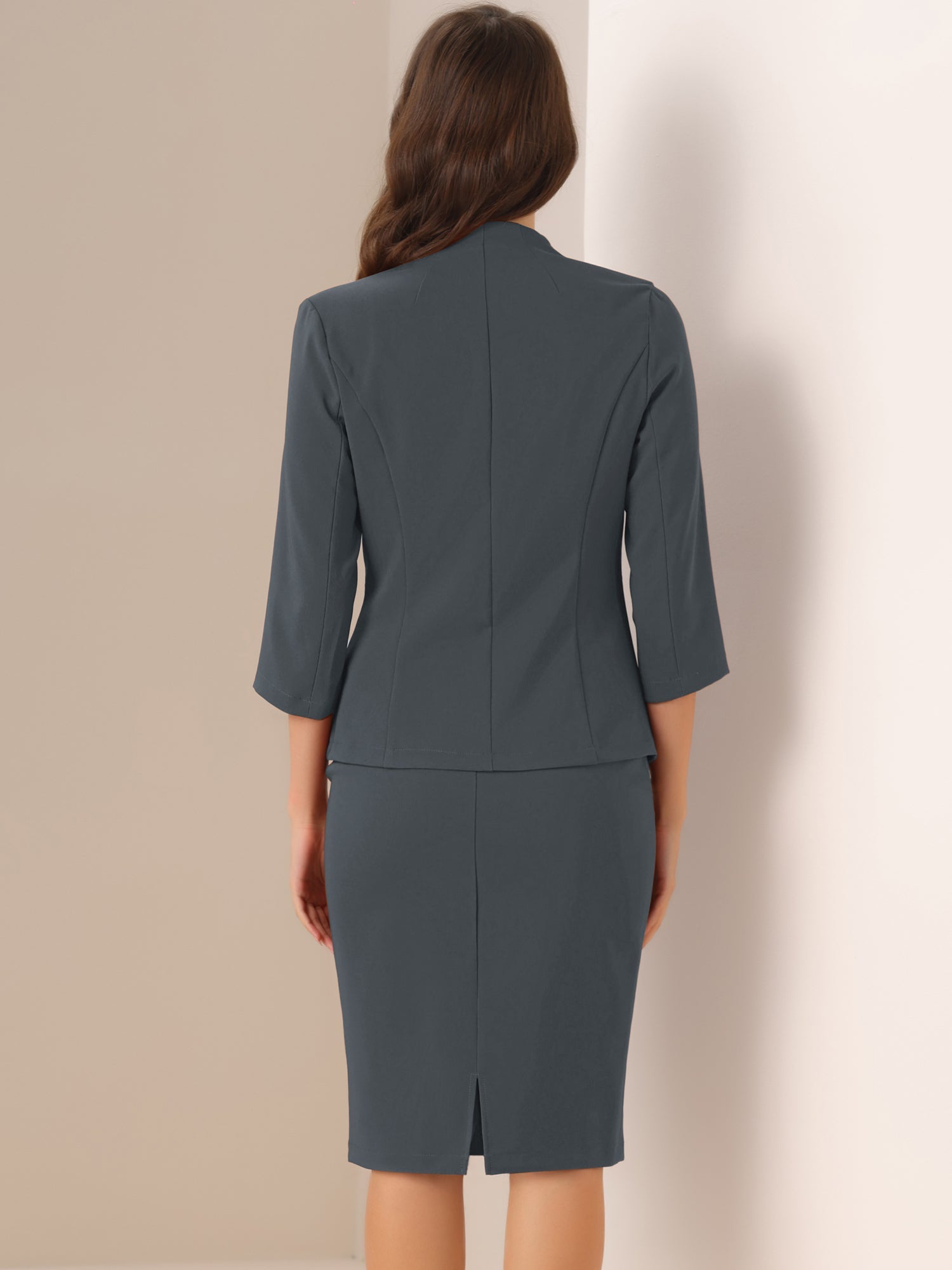 2 Pieces Collarless 3/4 Sleeves Blazer and Pencil Skirt Office Work Business Suit Set