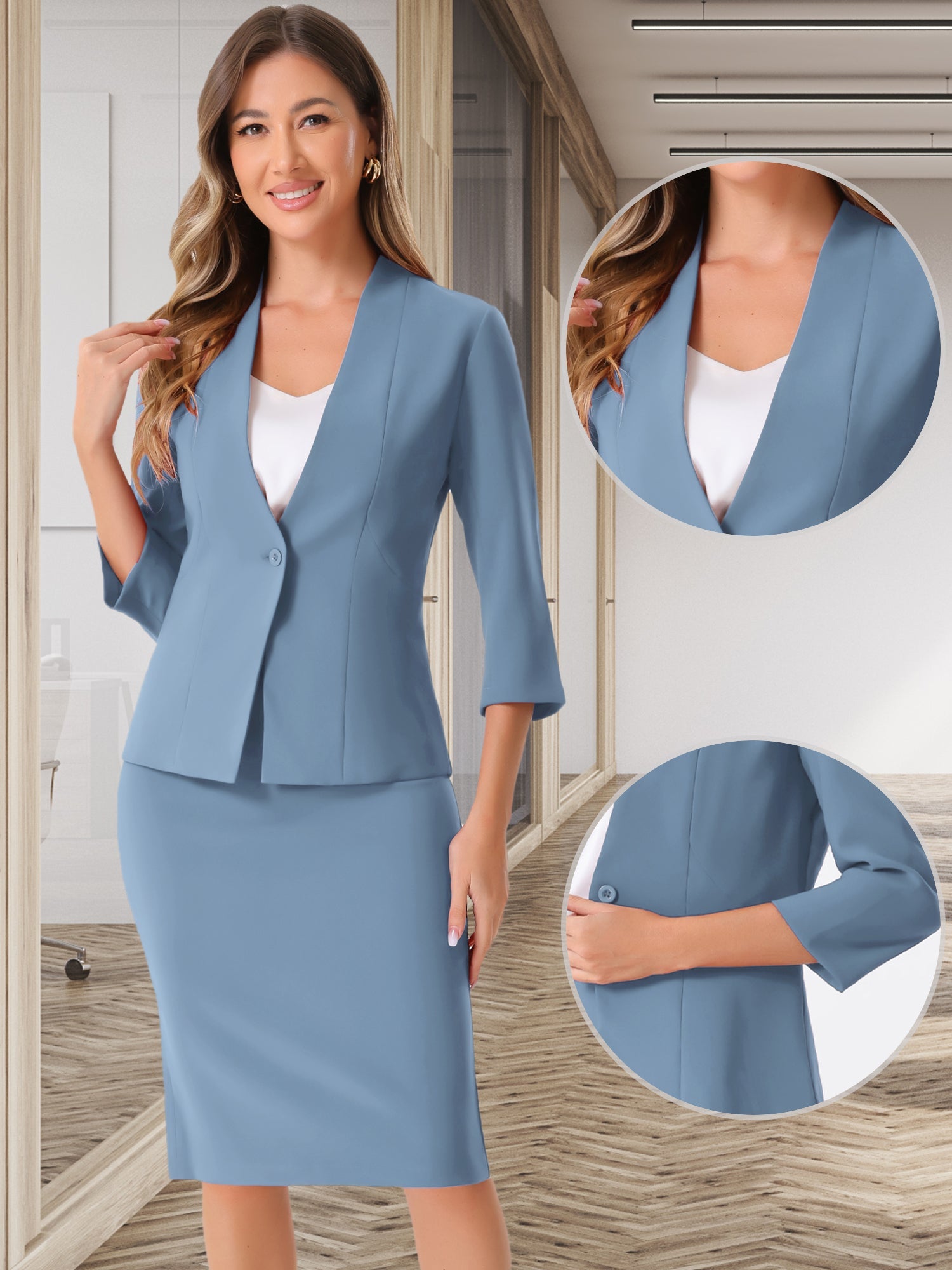 2 Pieces Collarless 3/4 Sleeves Blazer and Pencil Skirt Office Work Business Suit Set