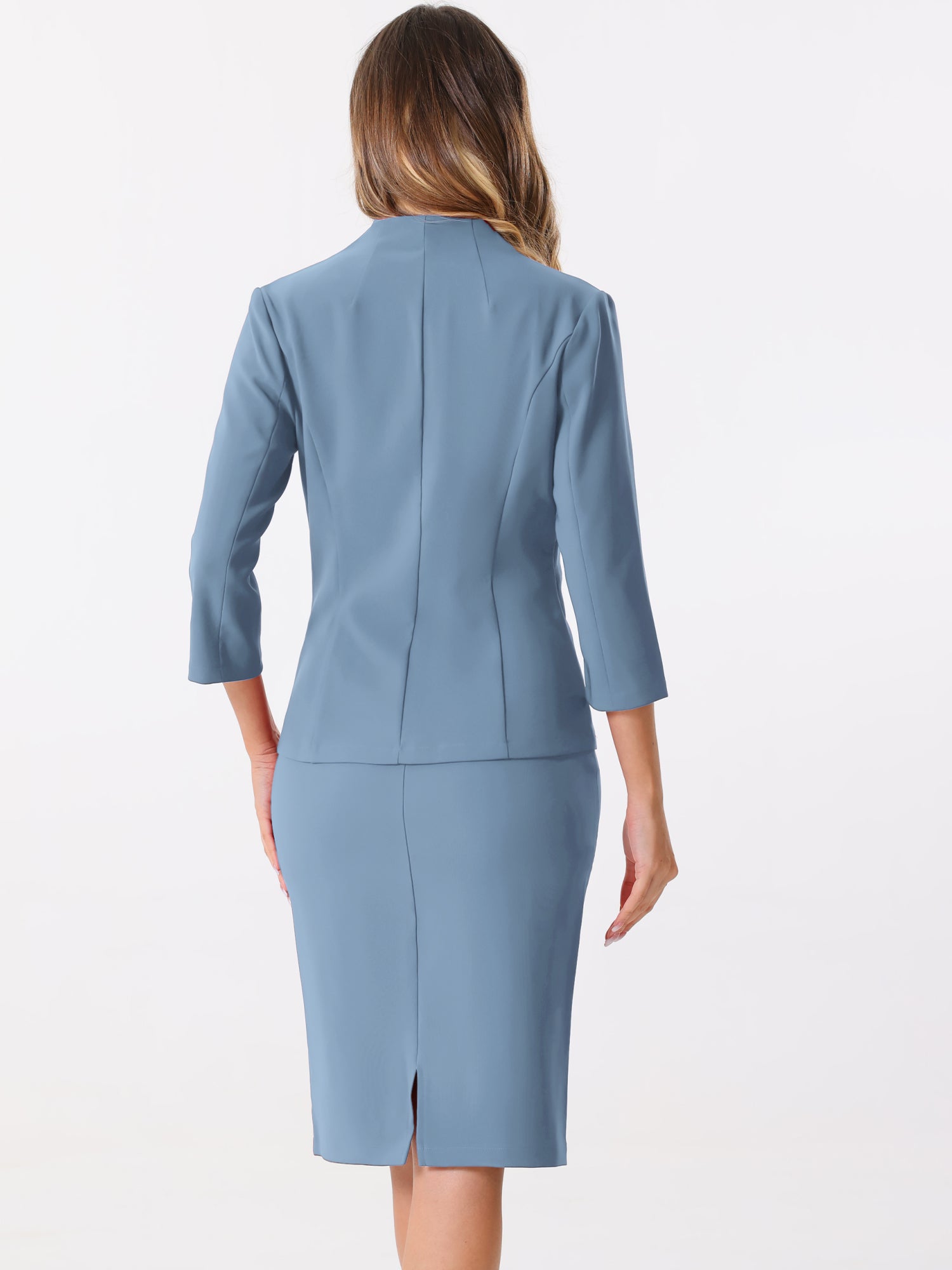 2 Pieces Collarless 3/4 Sleeves Blazer and Pencil Skirt Office Work Business Suit Set