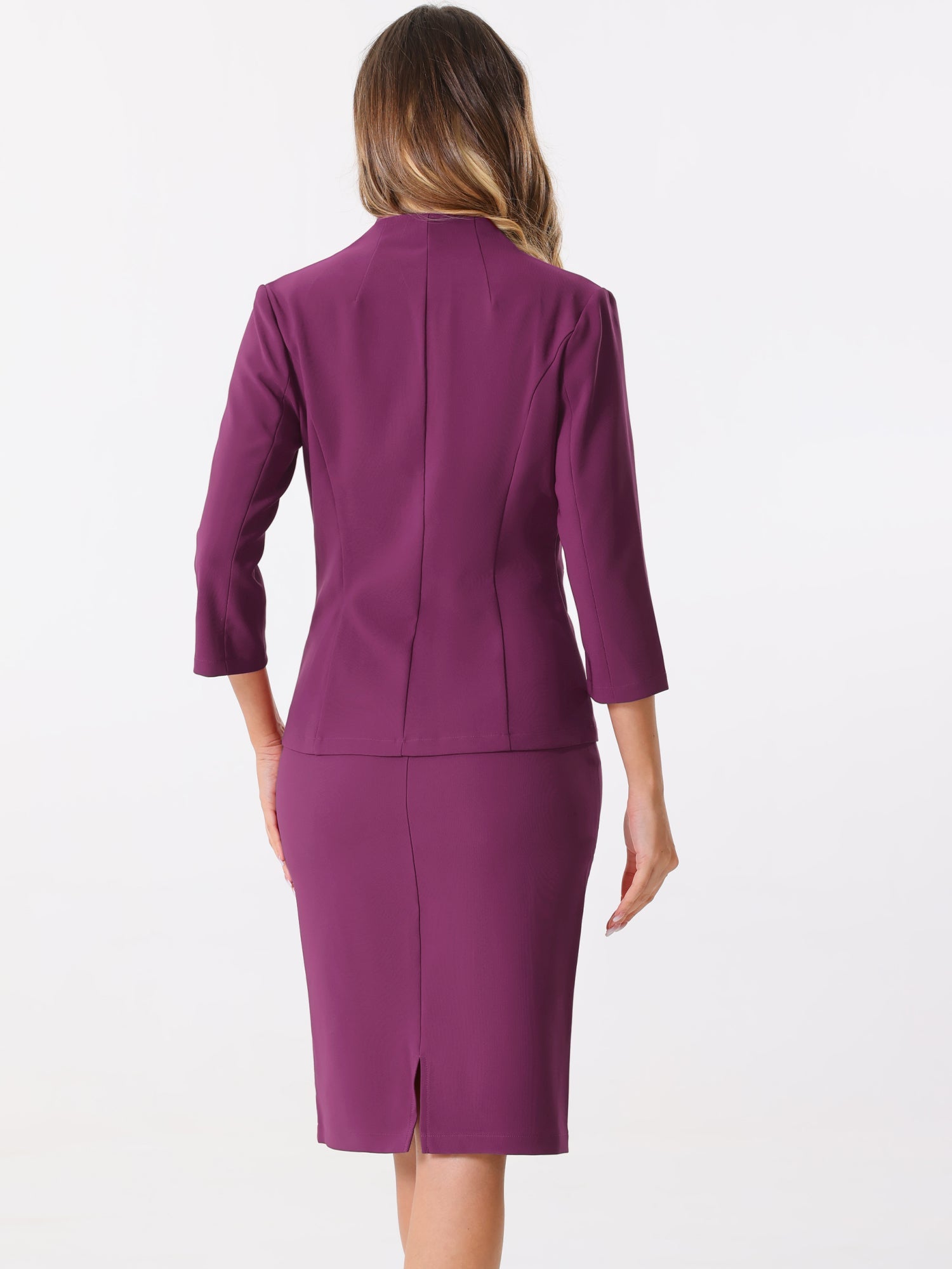 2 Pieces Collarless 3/4 Sleeves Blazer and Pencil Skirt Work Business Suit Set
