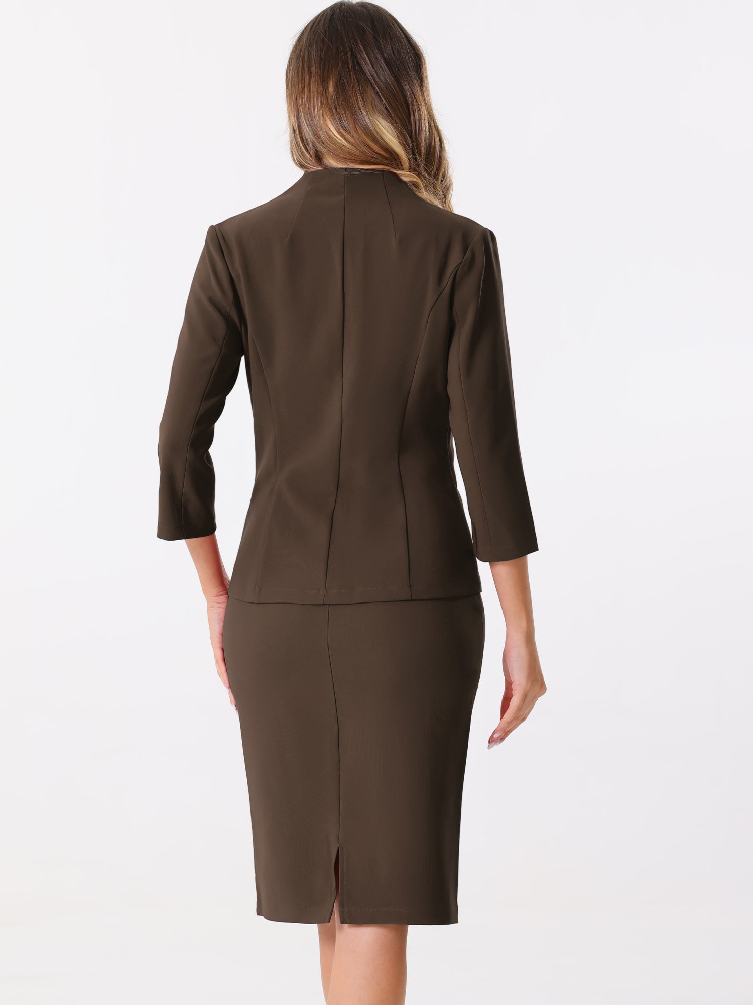 2 Pieces Collarless 3/4 Sleeves Blazer and Pencil Skirt Office Work Business Suit Set