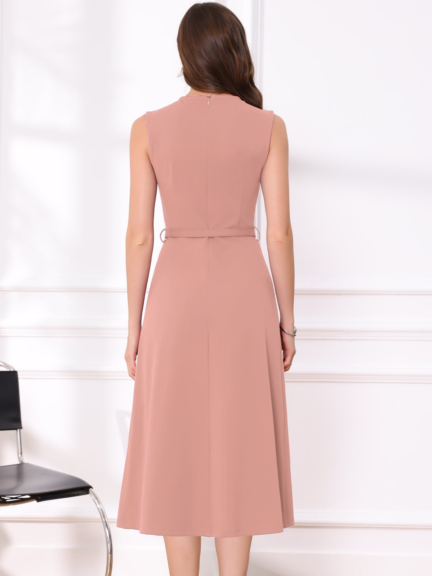 Work Sleeveless Crew Neck Belted A-Line Office Dress