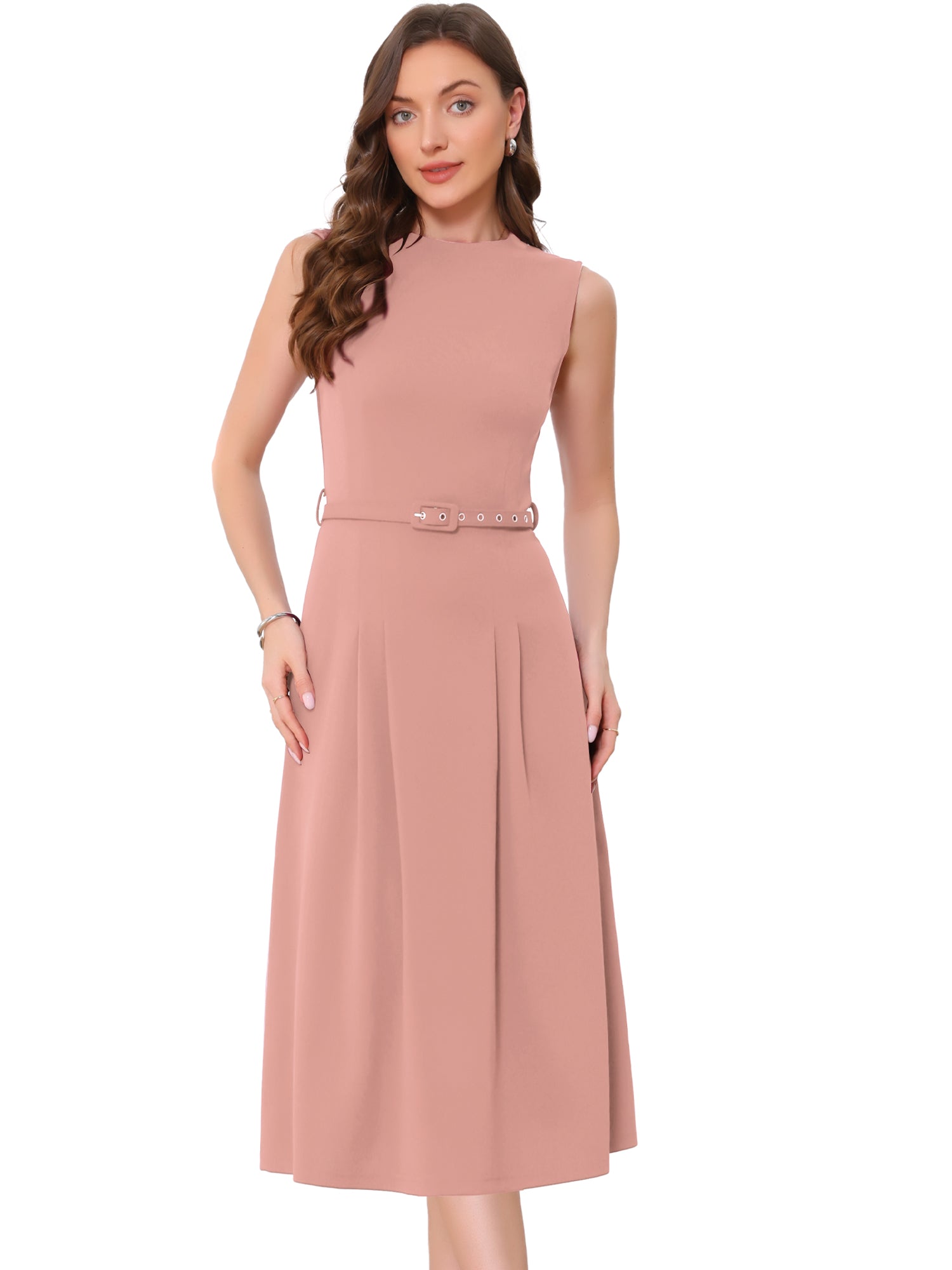 Work Sleeveless Crew Neck Belted A-Line Office Dress