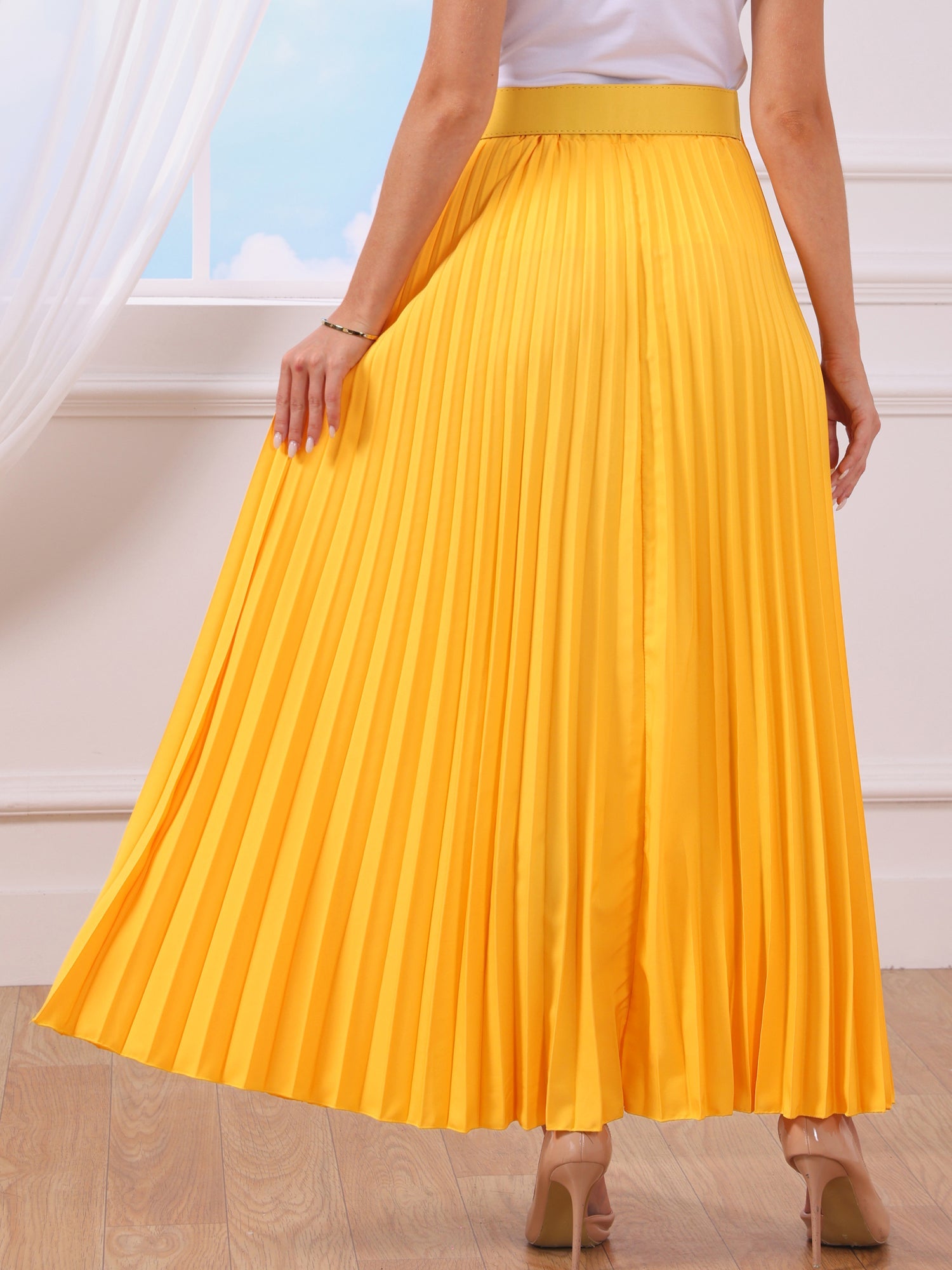 Flowy Pleated Elastic High Waist Belted Swing A-line Maxi Skirt