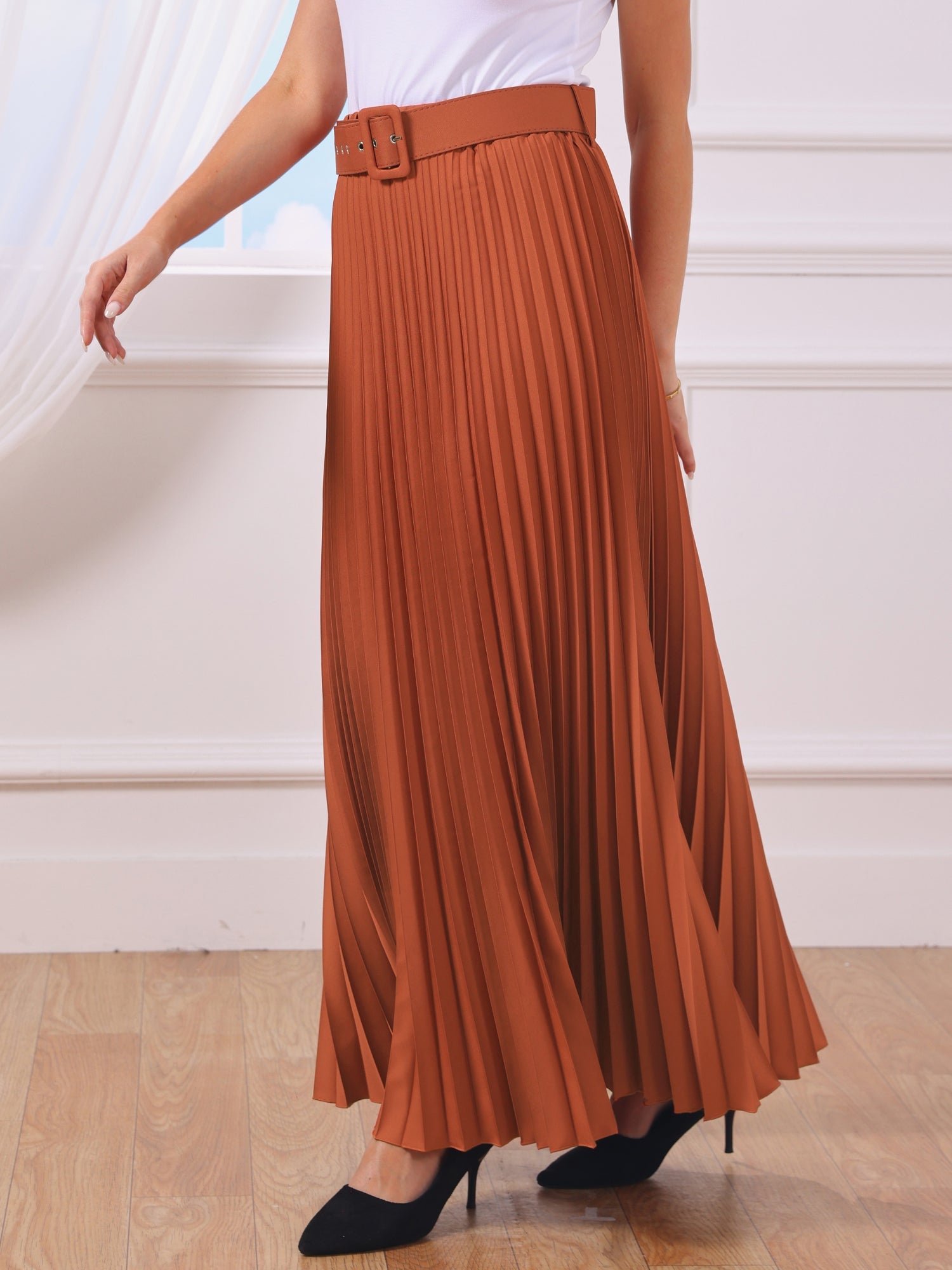 Flowy Pleated Elastic High Waist Belted Swing A-line Maxi Skirt