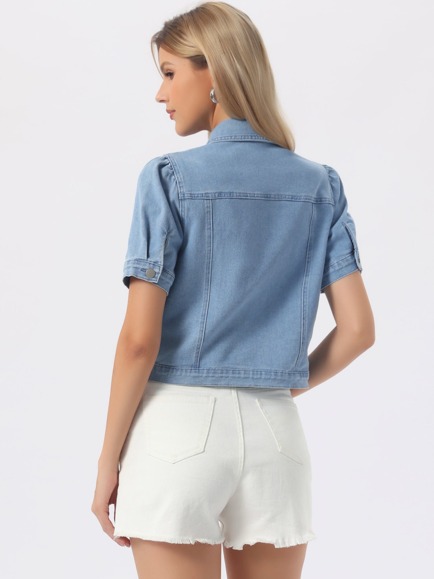 Casual Short Puff Sleeves Button-Down Jean Denim Jacket