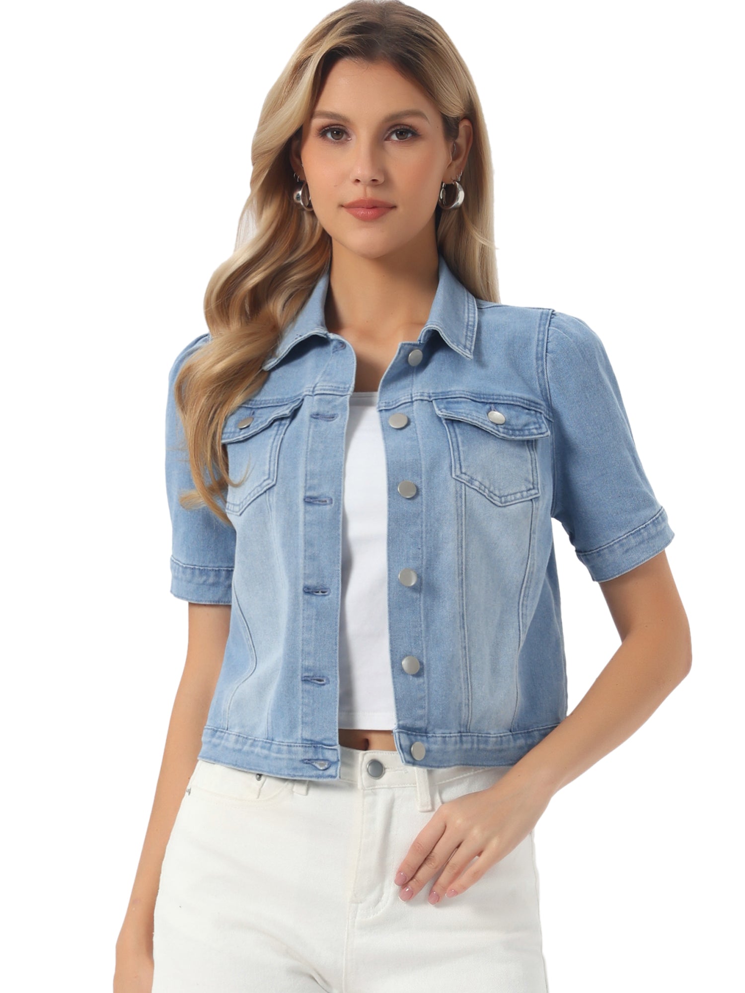 Casual Short Puff Sleeves Button-Down Jean Denim Jacket