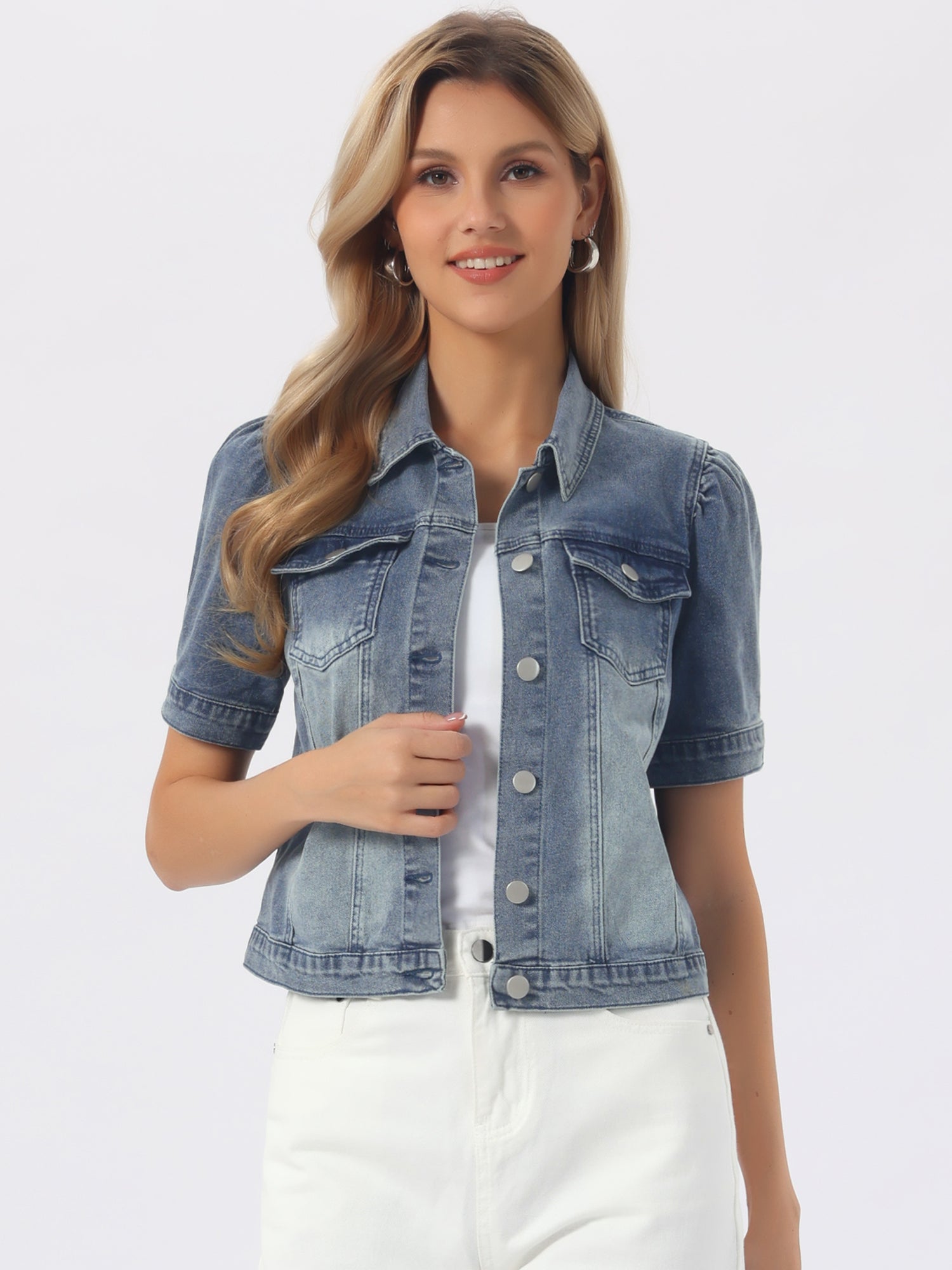 Casual Short Puff Sleeves Button-Down Jean Denim Jacket
