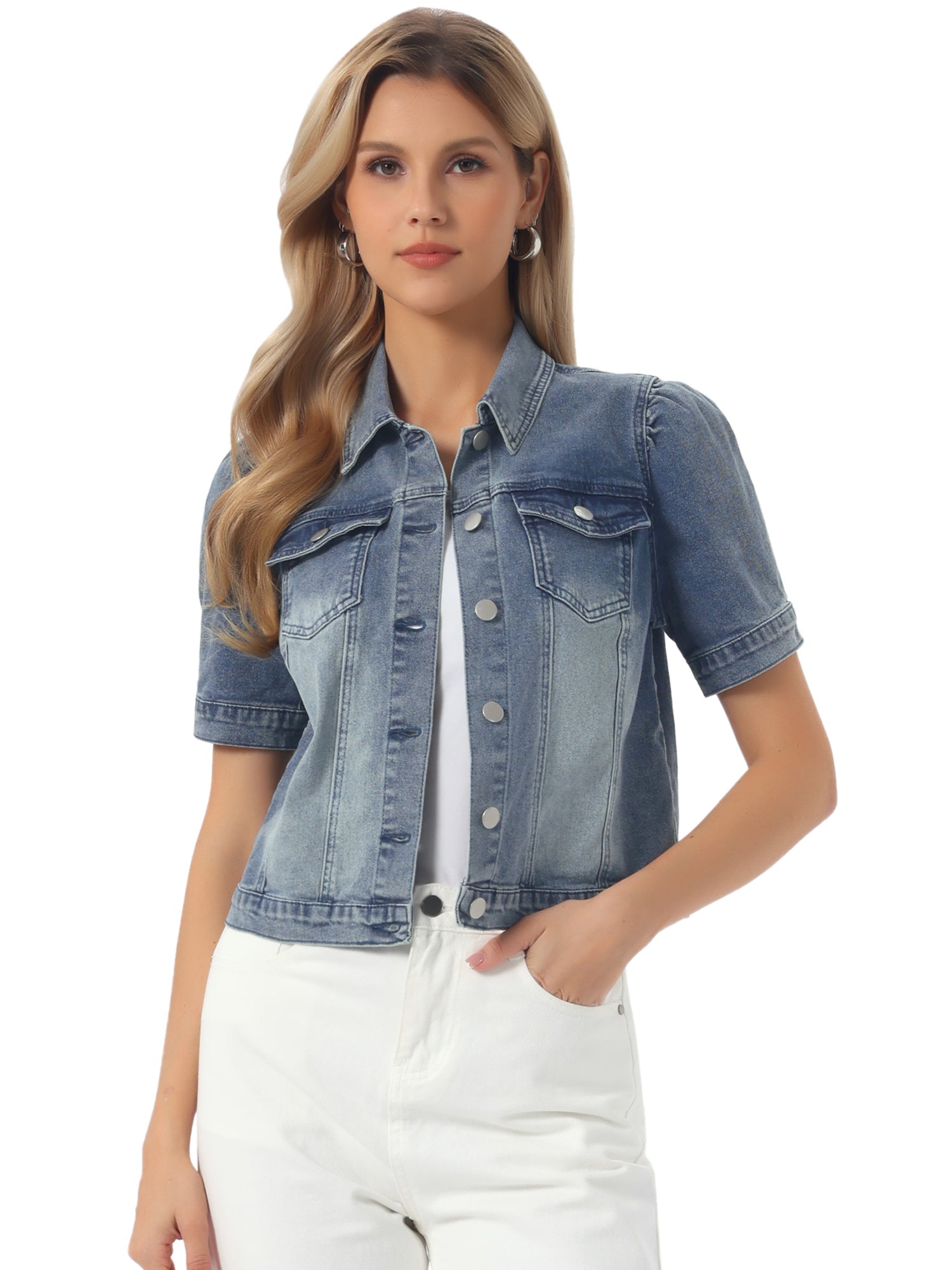 Casual Short Puff Sleeves Button-Down Jean Denim Jacket