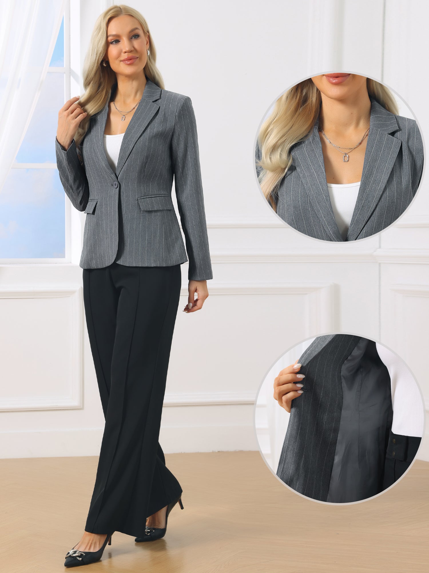 Notched Lapel One Button Long Sleeve Work Office Striped Blazer
