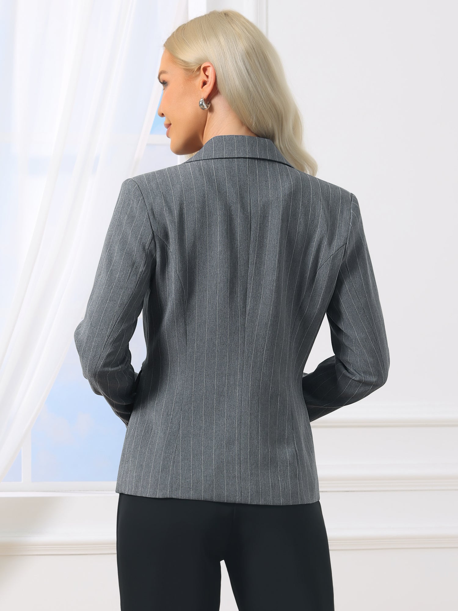 Notched Lapel One Button Long Sleeve Work Office Striped Blazer