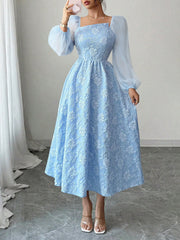 Floral Jacquard Chiffon Puff Sleeves Smocked Back A-Line Dress