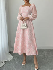 Floral Jacquard Chiffon Puff Sleeves Smocked Back A-Line Dress
