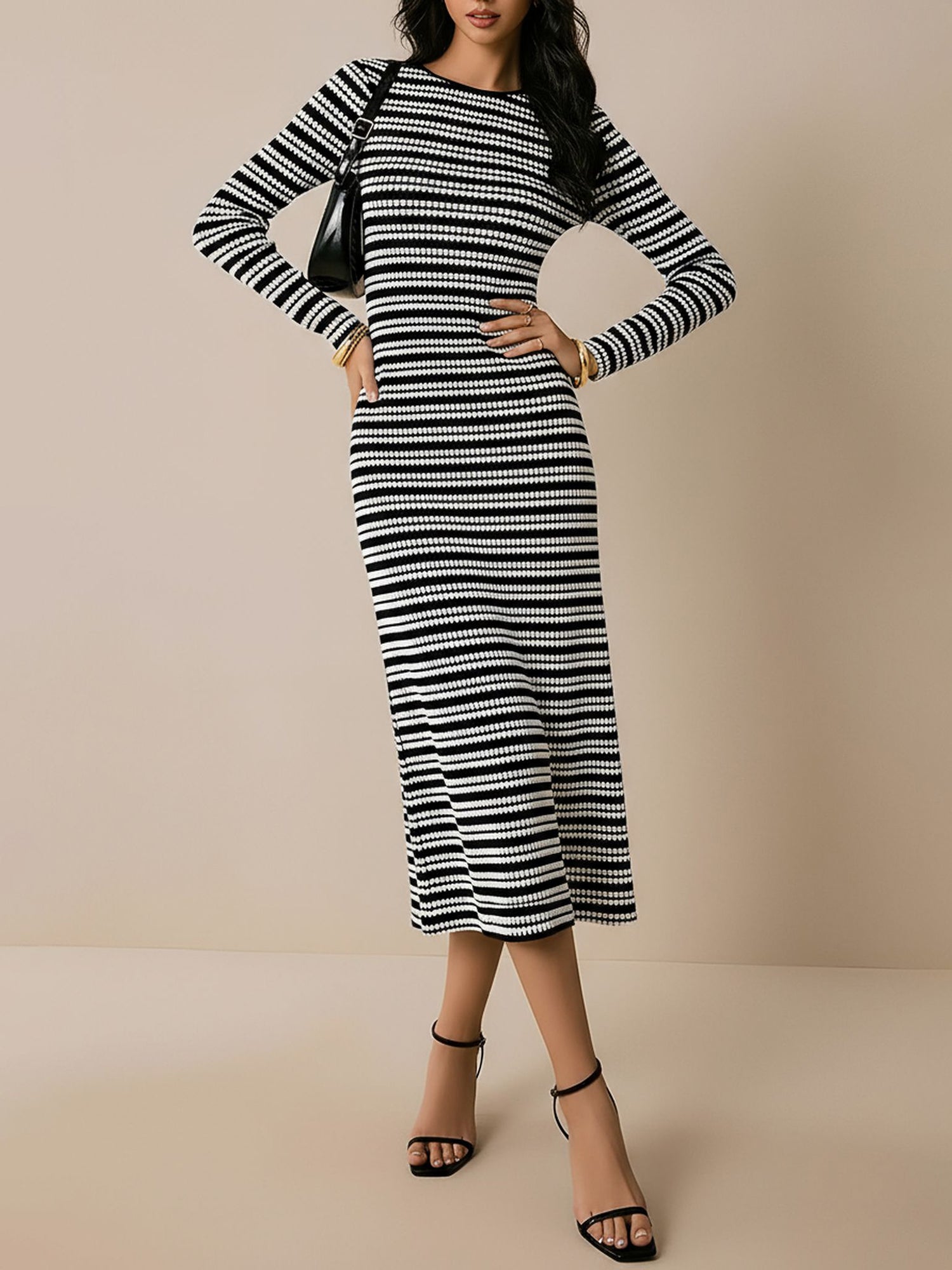 Striped Round Neck Thick Knitted Below-the-knee Dress