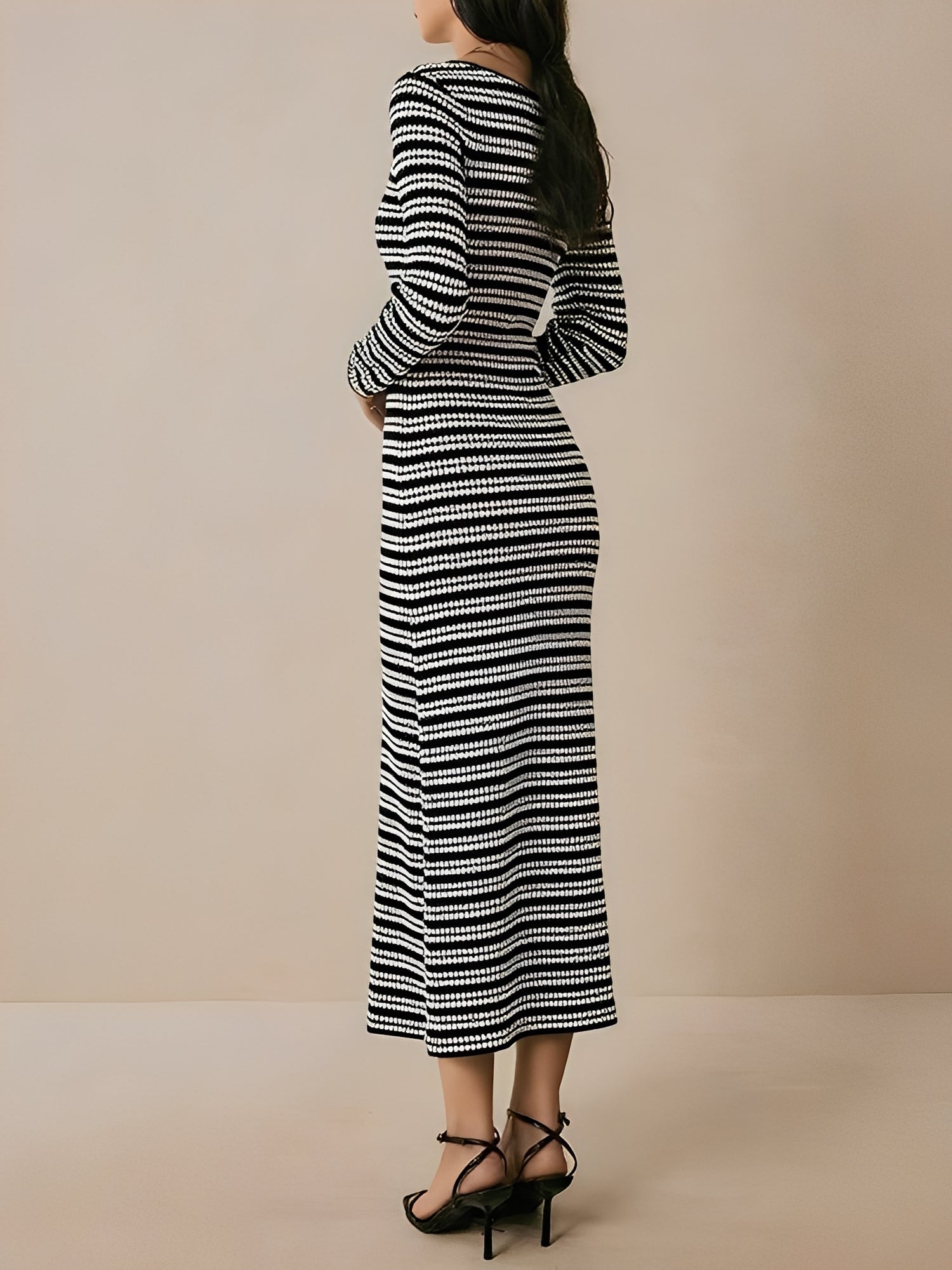 Striped Round Neck Thick Knitted Below-the-knee Dress